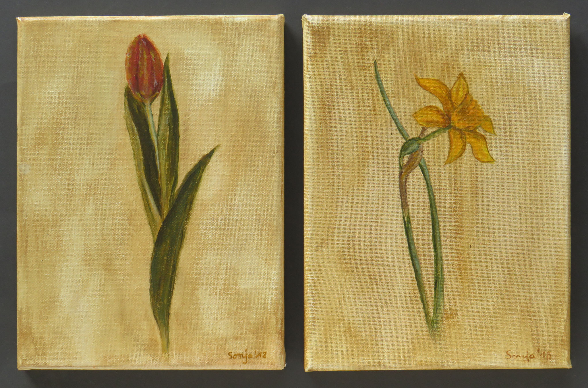 "Tulpe und Narzisse", Acryl auf Leinwand, jeweils 18 x 24 cm