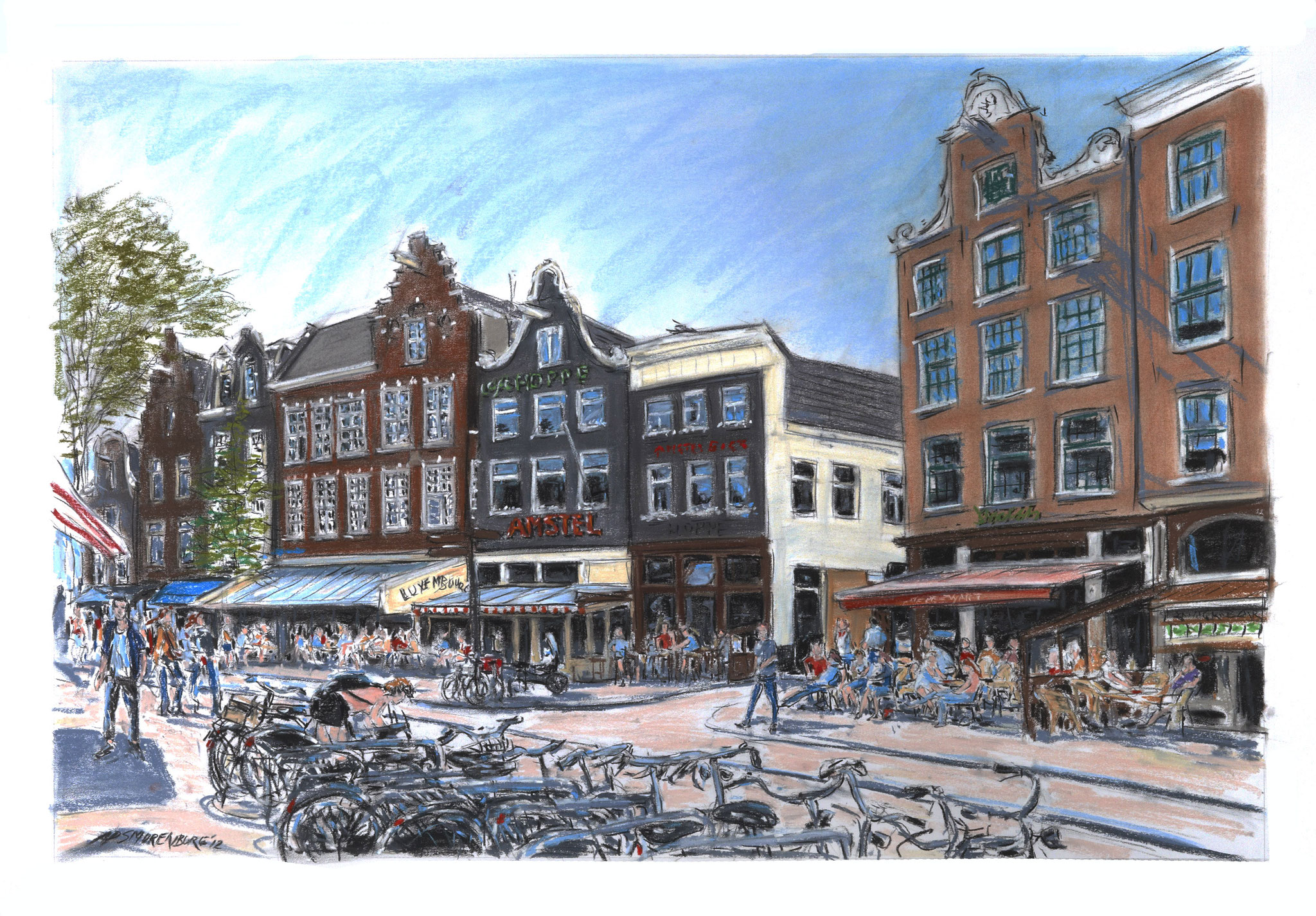 Amsterdam Spui met café Hoppe | Techniek: softpastel | Formaat afbeelding 60 x 90 cm - formaat lijst 70 x 100 cm |- VERKOCHT