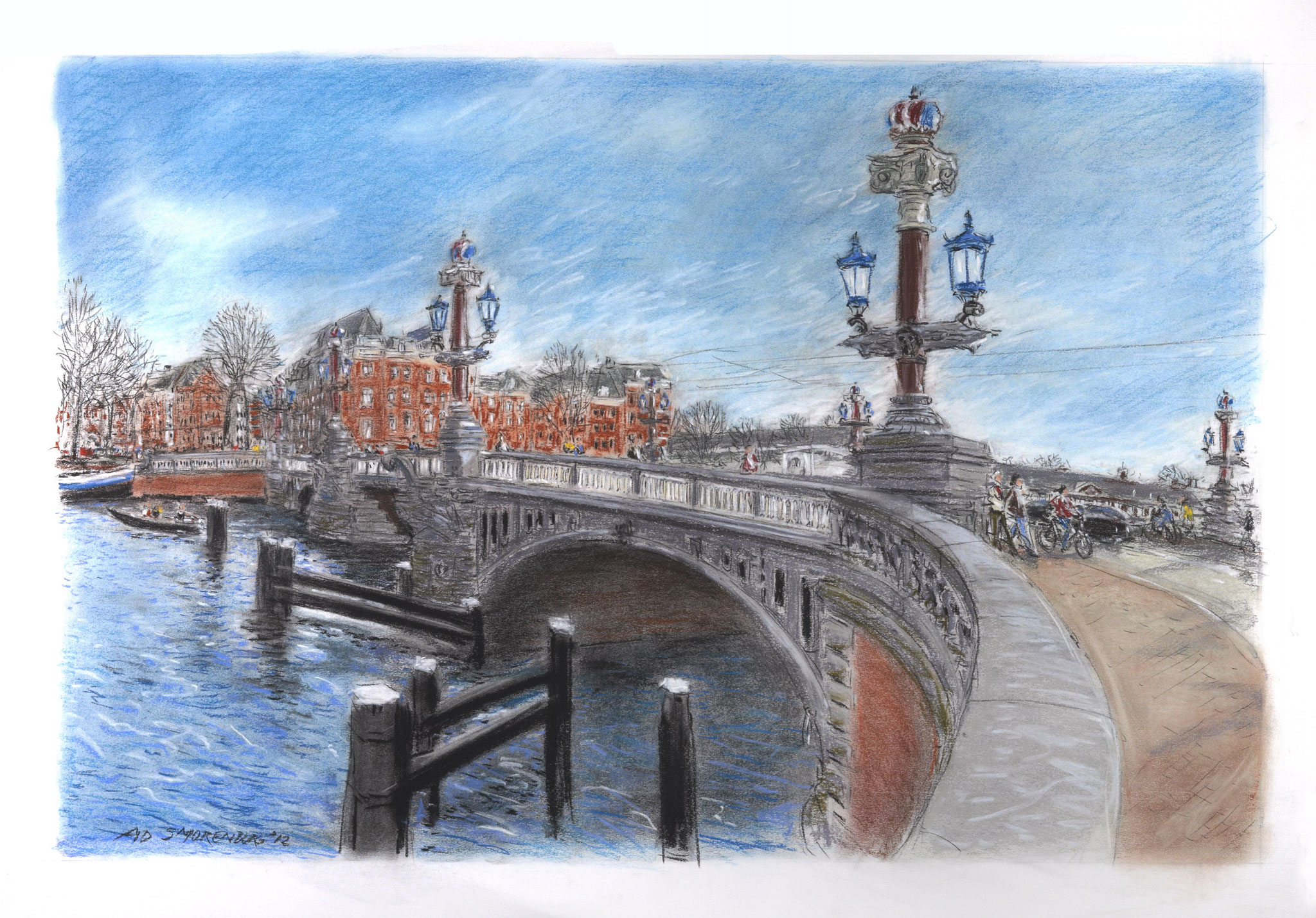 Amsterdam Amstel bij de Blauwbrug | Techniek: softpastel | Formaat afbeelding 60 x 90 cm - formaat lijst 70 x 100 cm |- VERKOCHT