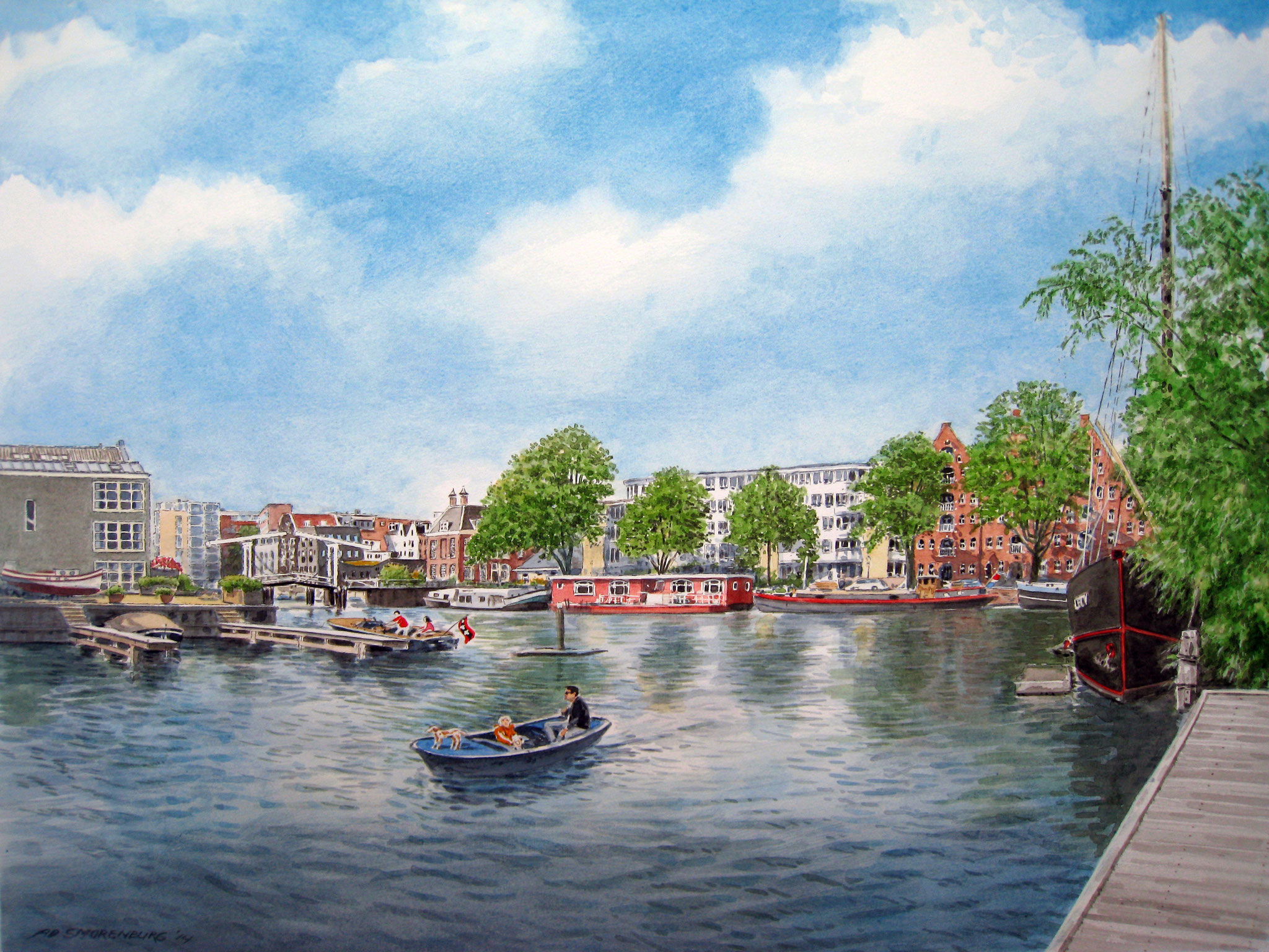 Amsterdam Bickersgracht met zicht op Realengracht, Prinseneiland | Techniek: aquarel | Formaat afbeelding 32 x 42 cm |-VERKOCHT-