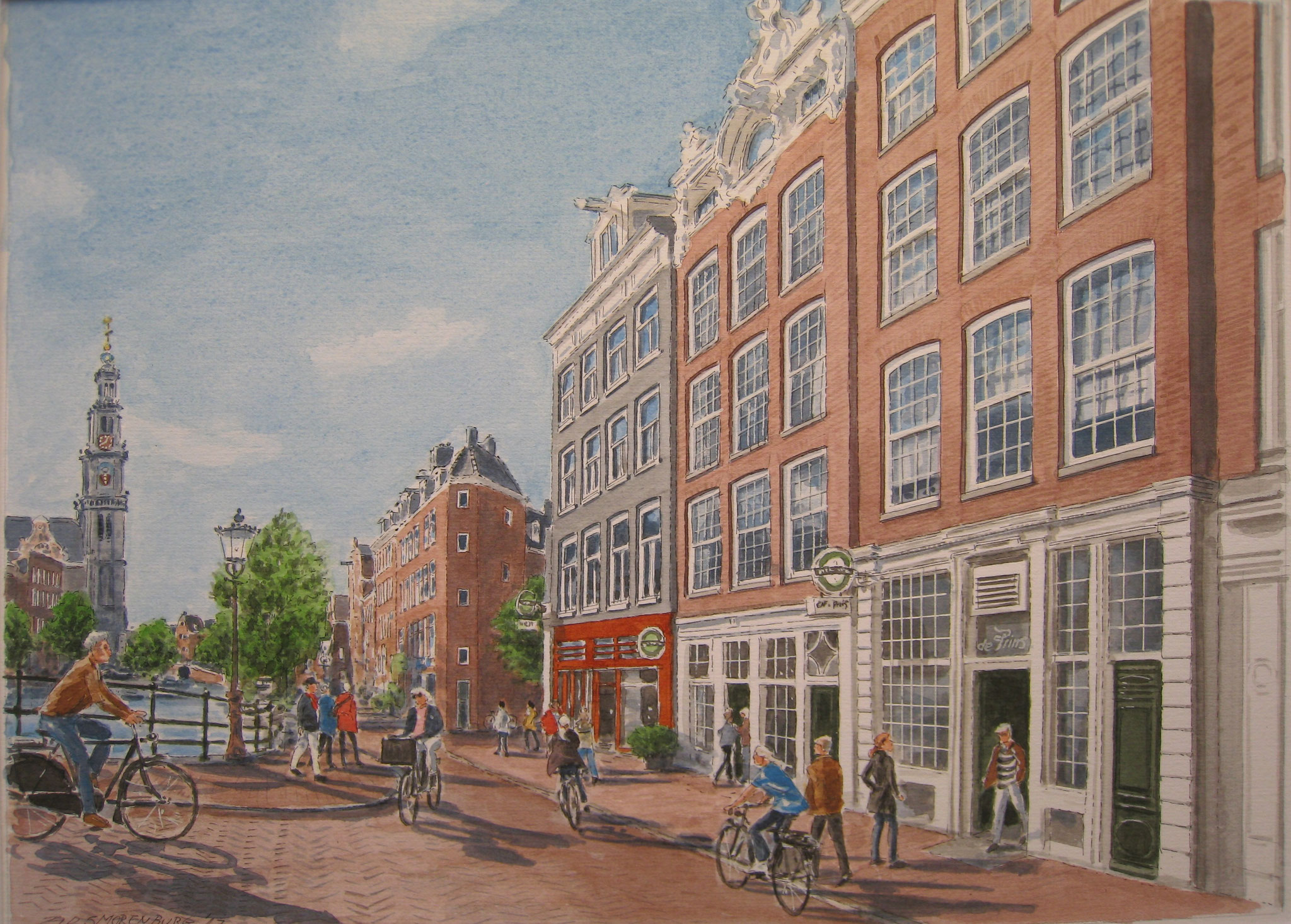 Amsterdam Prinsengracht café de Prins | Techniek: aquarel | Formaat afbeelding 21 x 32 cm - formaat lijst 30 x 40 cm |-VERKOCHT-