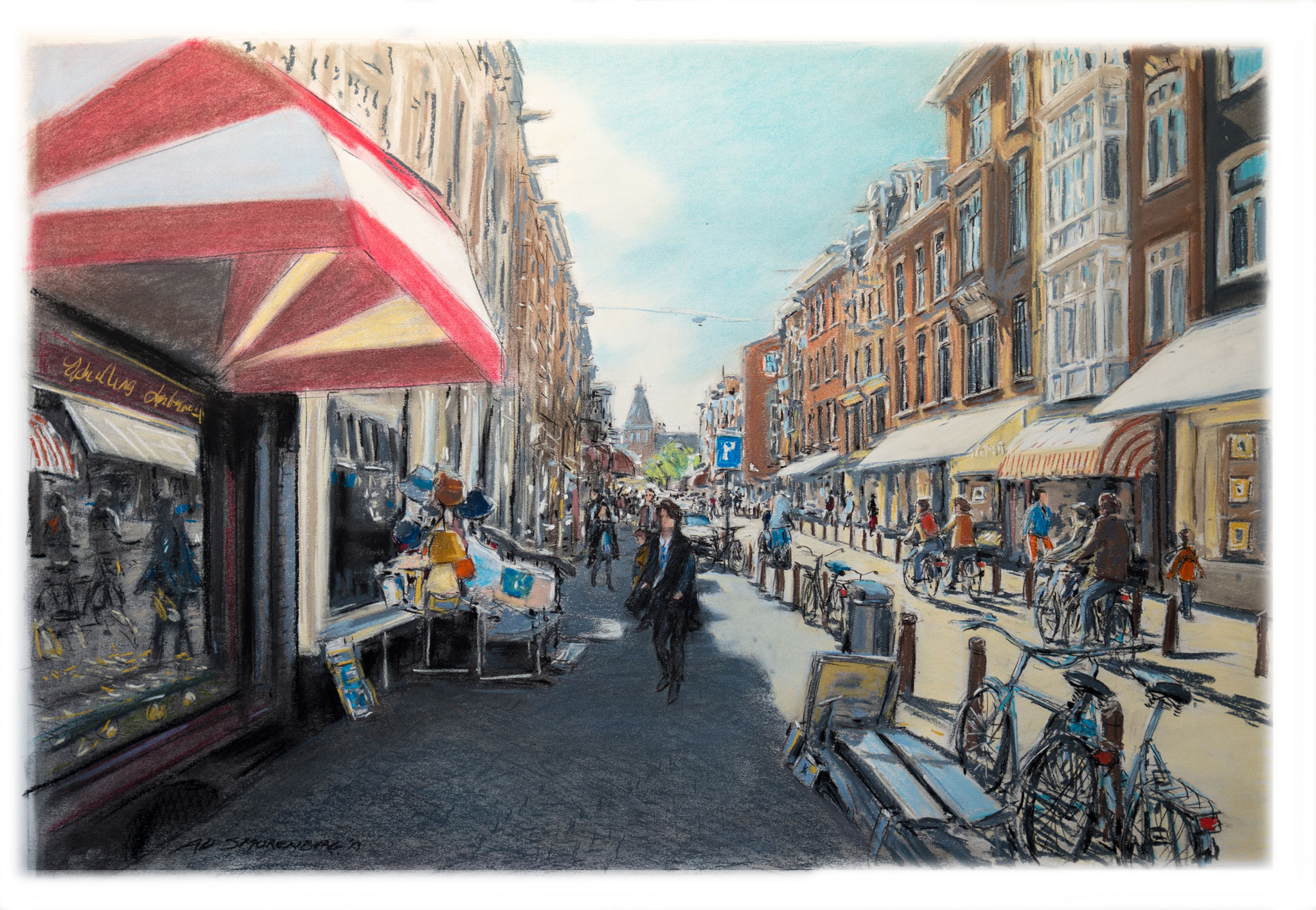 Amsterdam Spiegelstraat richting Rijksmuseum | Techniek: softpastel | Formaat afbeelding 60 x 90 cm - formaat lijst 70 x 100 cm | -VERKOCHT-