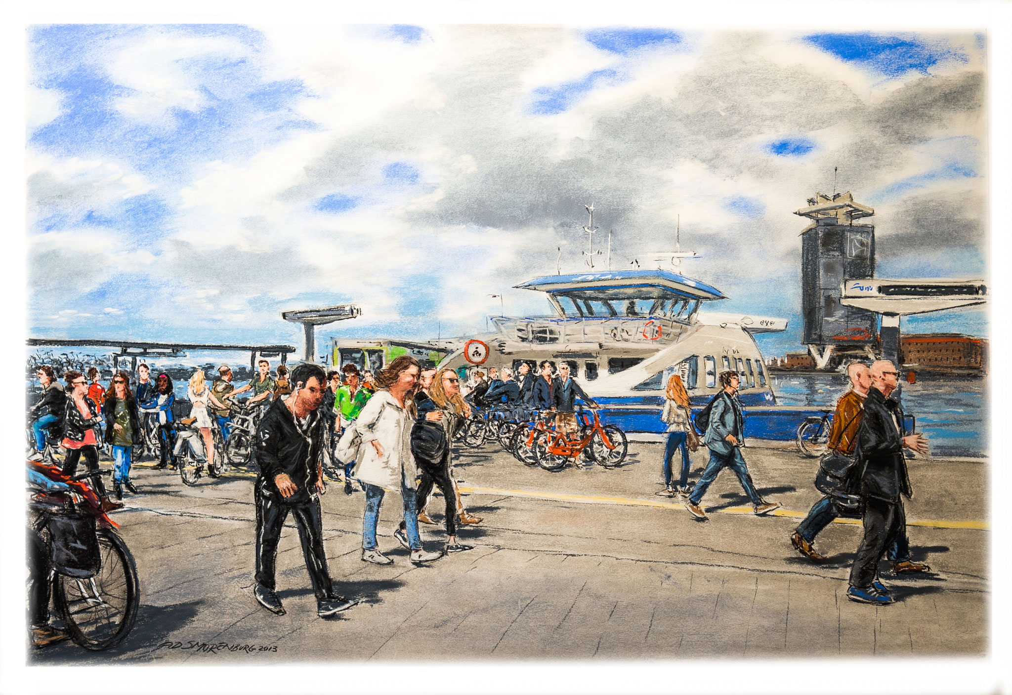 Amsterdam IJveer achter Centraal Station | Techniek: softpastel | Formaat afbeelding 60 x 90 cm - formaat lijst 70 x 100 cm | Prijs € 910,-- incl. lijst