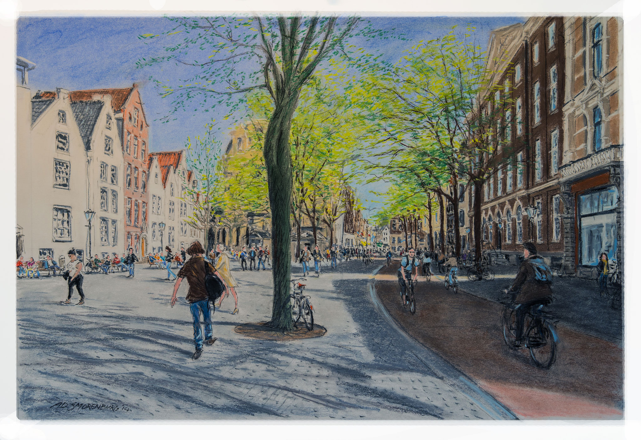 Amsterdam Spui naar Begijnhof | Techniek: softpastel | Formaat afbeelding 60 x 90 cm - formaat lijst 70 x 100 cm | Prijs € 910,-- incl. lijst