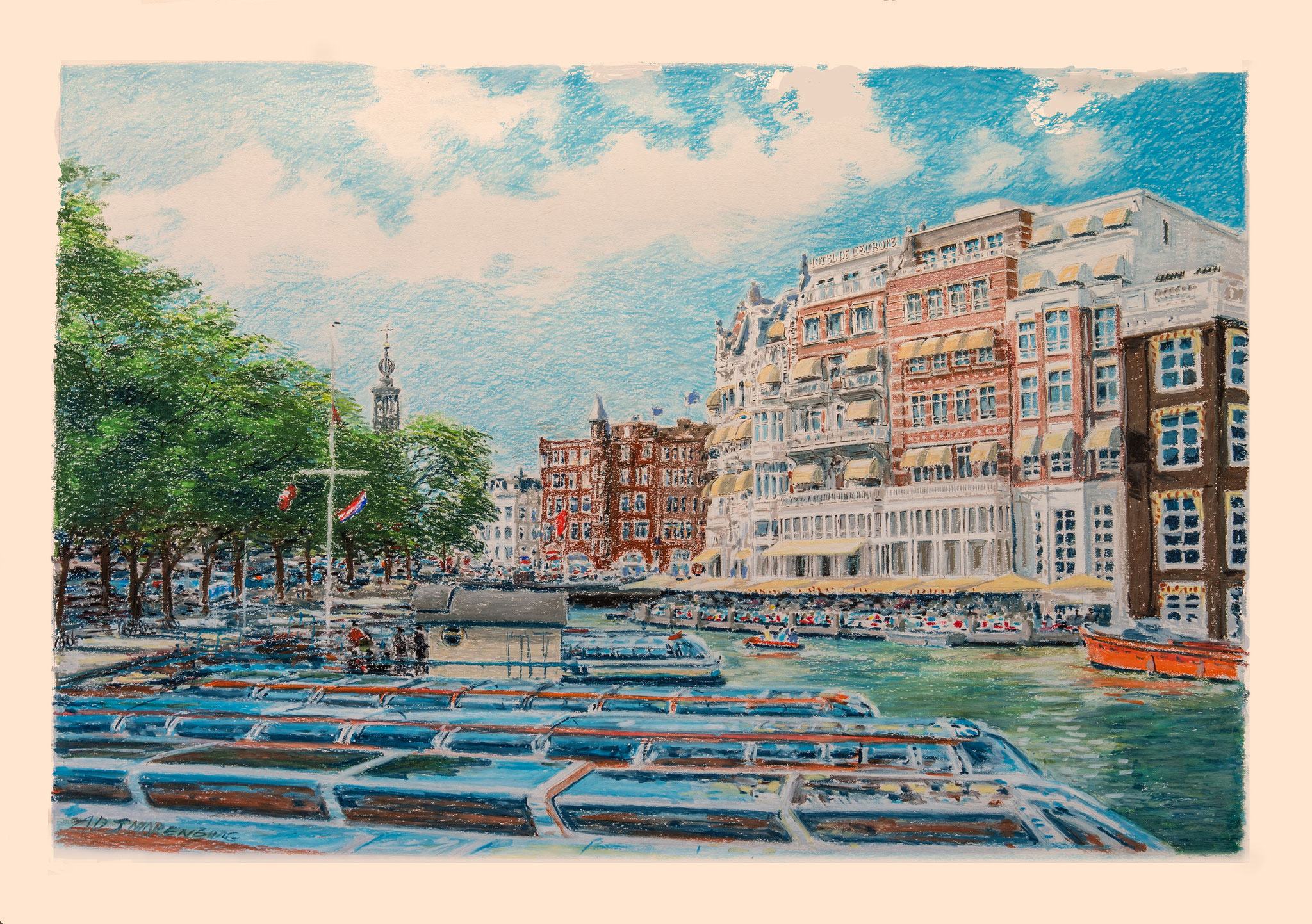 Amsterdam Amstel Hotel De L'Europe | Techniek: oliepastel | Formaat afbeelding 60 x 90 cm - formaat lijst 70 x 100 cm | Prijs € 850,-- incl. lijst