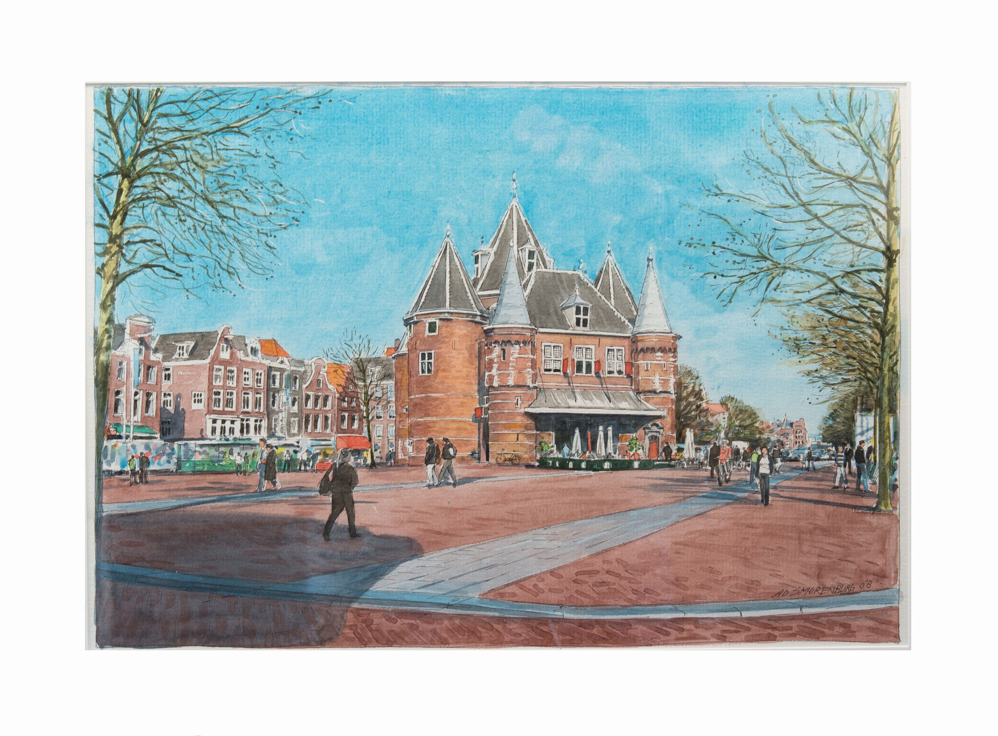 Amsterdam Nieuwmarkt en Waag | Techniek: aquarel | Formaat afbeelding 21 x 32 cm - formaat lijst 30 x 40 cm | 