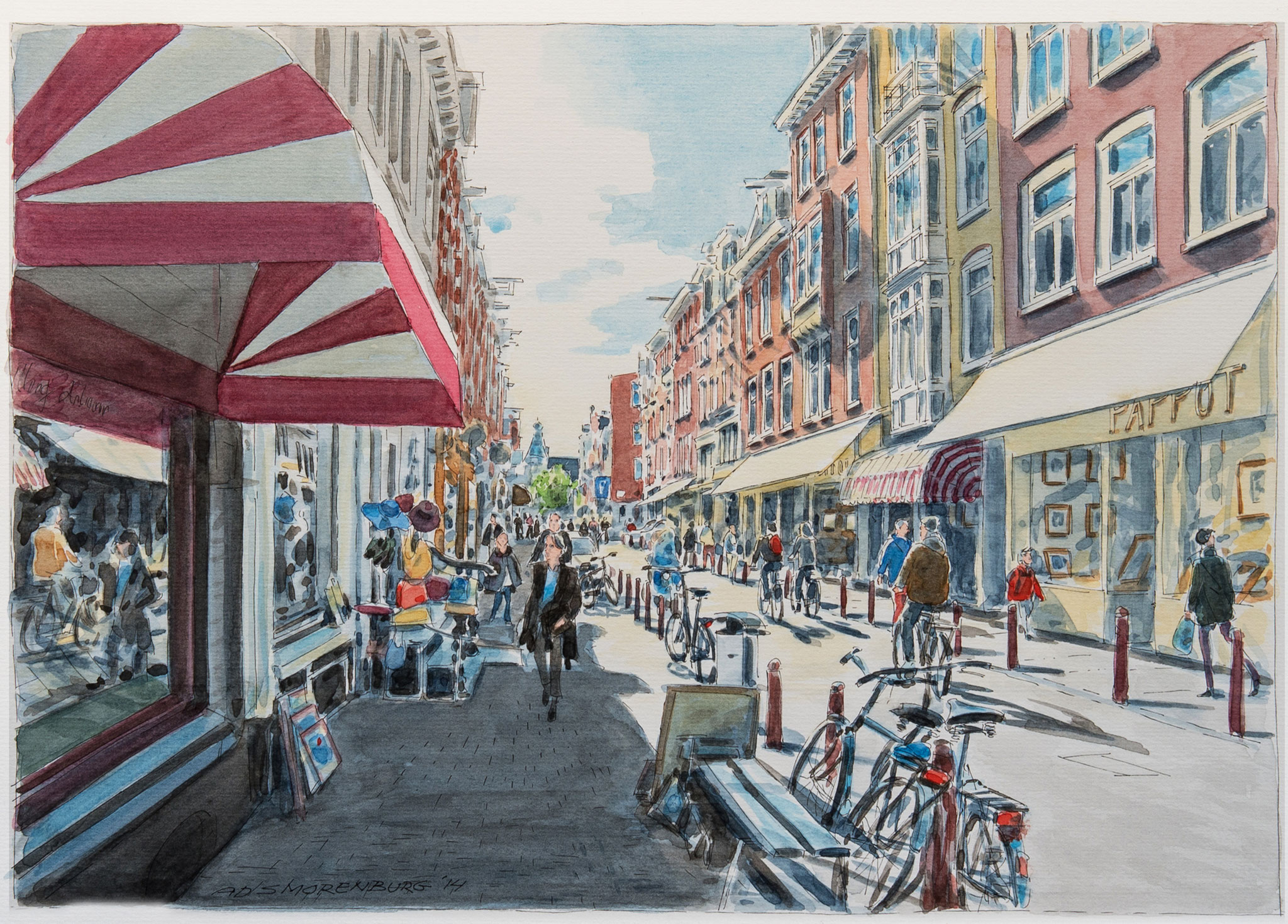 Amsterdam Spiegelstraat richting Rijksmuseum | Techniek: aquarel | Formaat afbeelding 21  x 32 cm - formaat lijst 30 x 40 cm | -VERKOCHT-