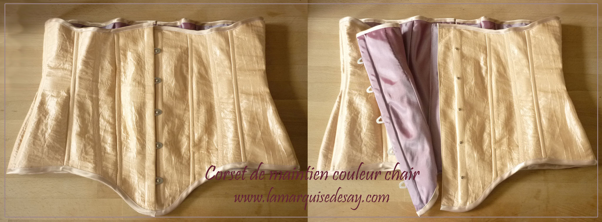 Corset de maintien sur-mesure - Taffetas chair avec doublure satinée mauve