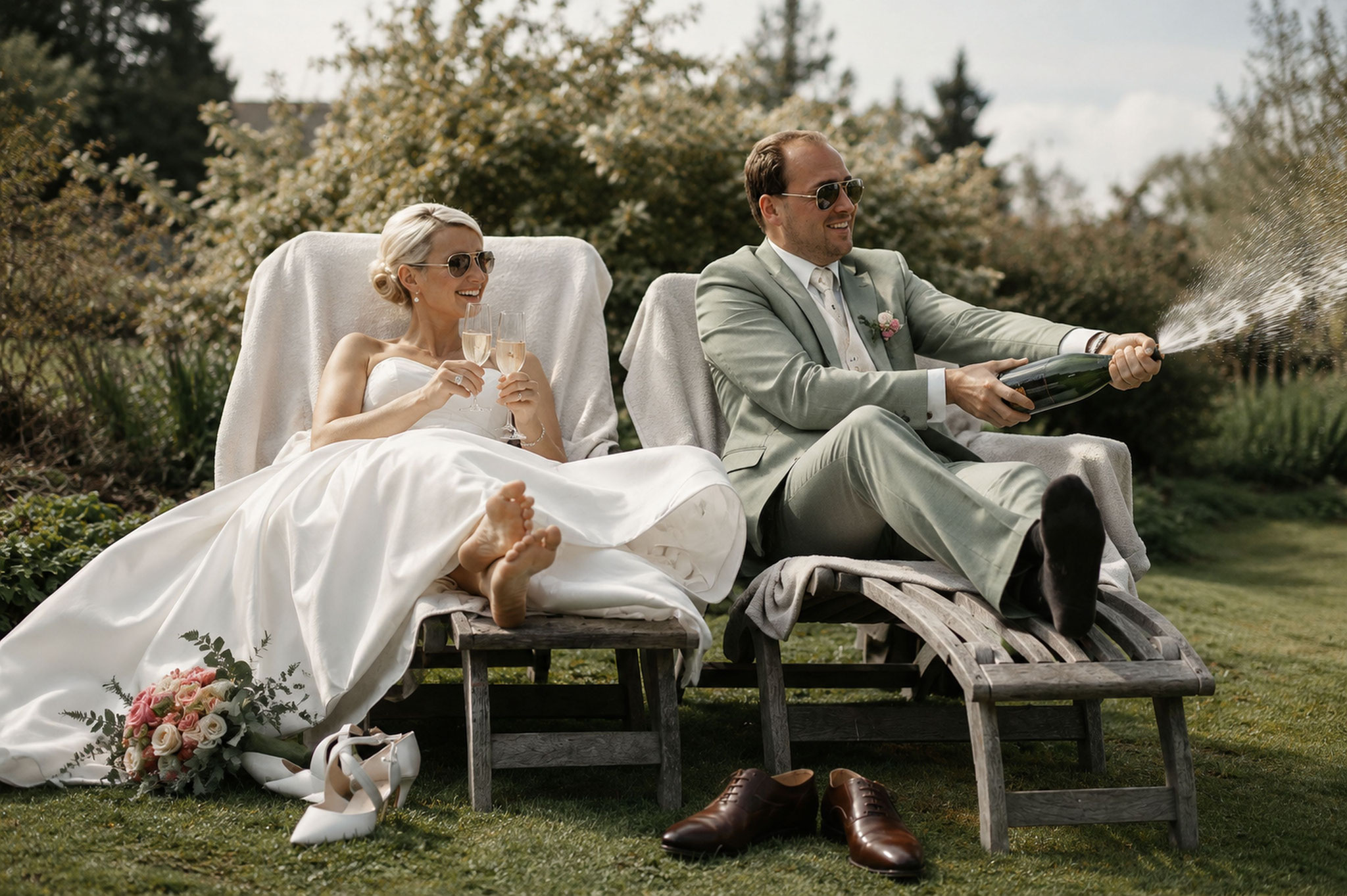 Brautpaar lässt Champagner spritzen