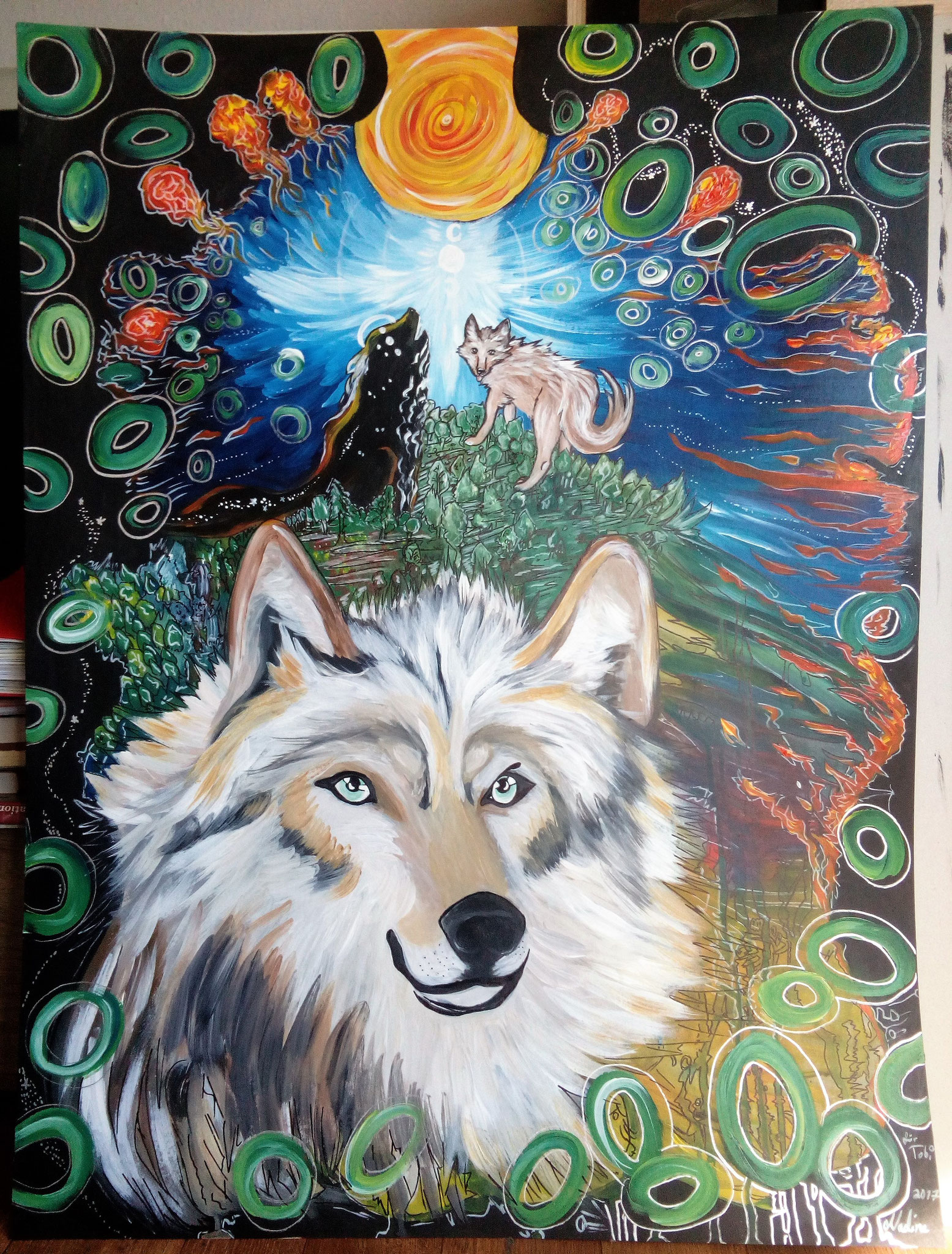 Des Wolfes Natur Acryl/Eddingmix auf Karton 100x70cm für einen guten Freund