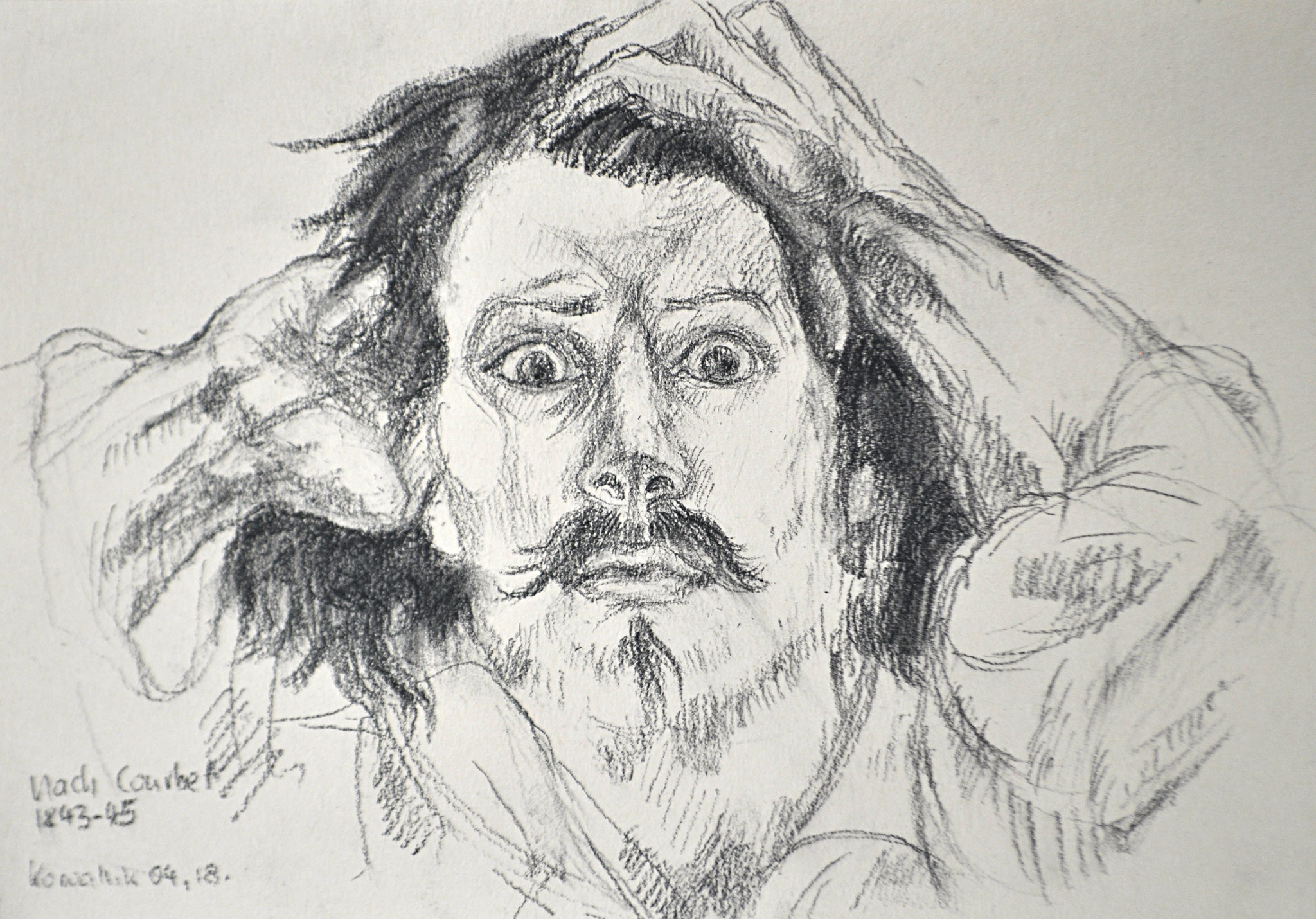 Selbstporträt von Courbet. Kohle auf getöntem Zeichenkarton, nach Bildvorlage, 2018. Format: 29,7 x 21 cm