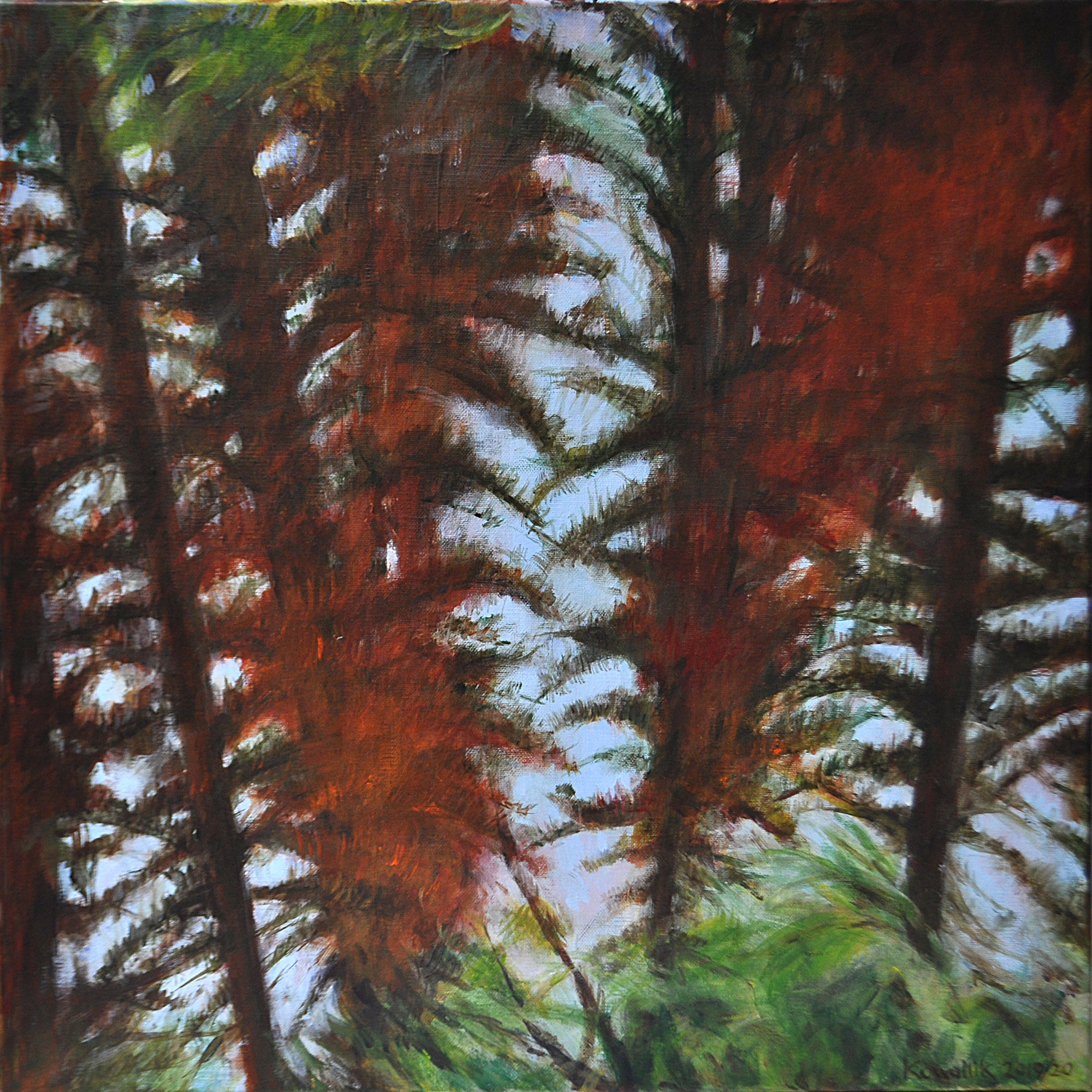 Spiegelung. Wasserpfütze im Wald. Acryl auf Leinen, 2019/20. Format: 50 x 50 cm