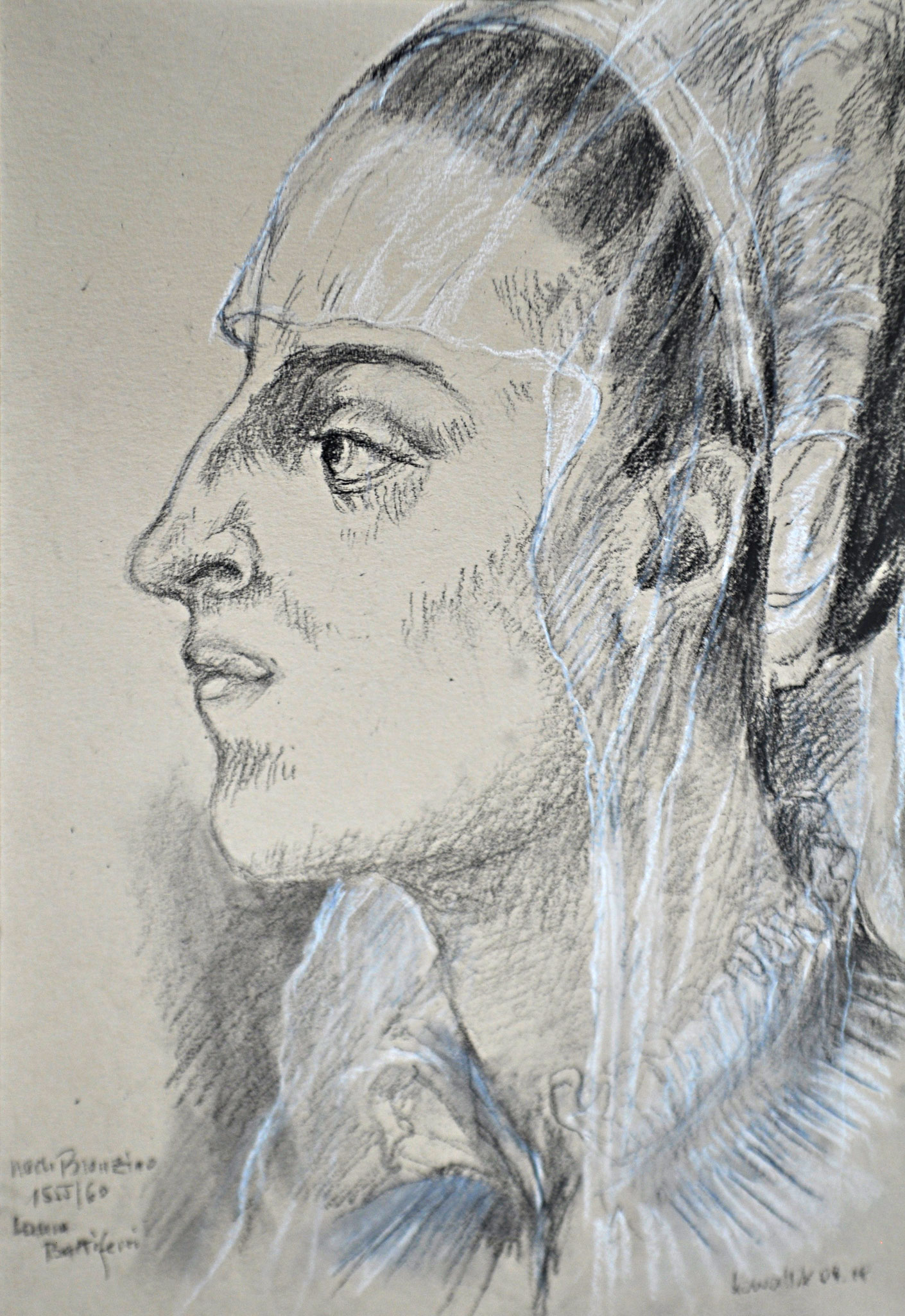 Laura Barriferri nach Bronzino. Kohle und weiße Kreide auf getöntem Zeichenkarton, nach Bildvorlage, 2018. 21 x 29,7 cm