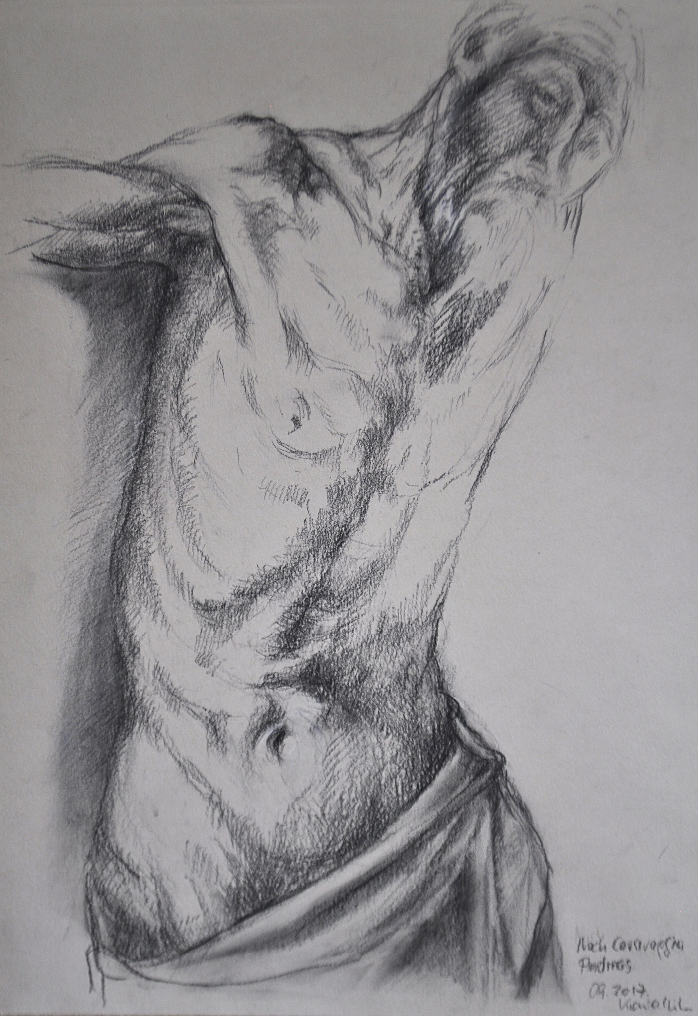 Ausschnitt aus Hl. Andreas nach Caravaggio. Kohlezeichnung auf getöntem Papier, 2017. 29,7 x 42 cm