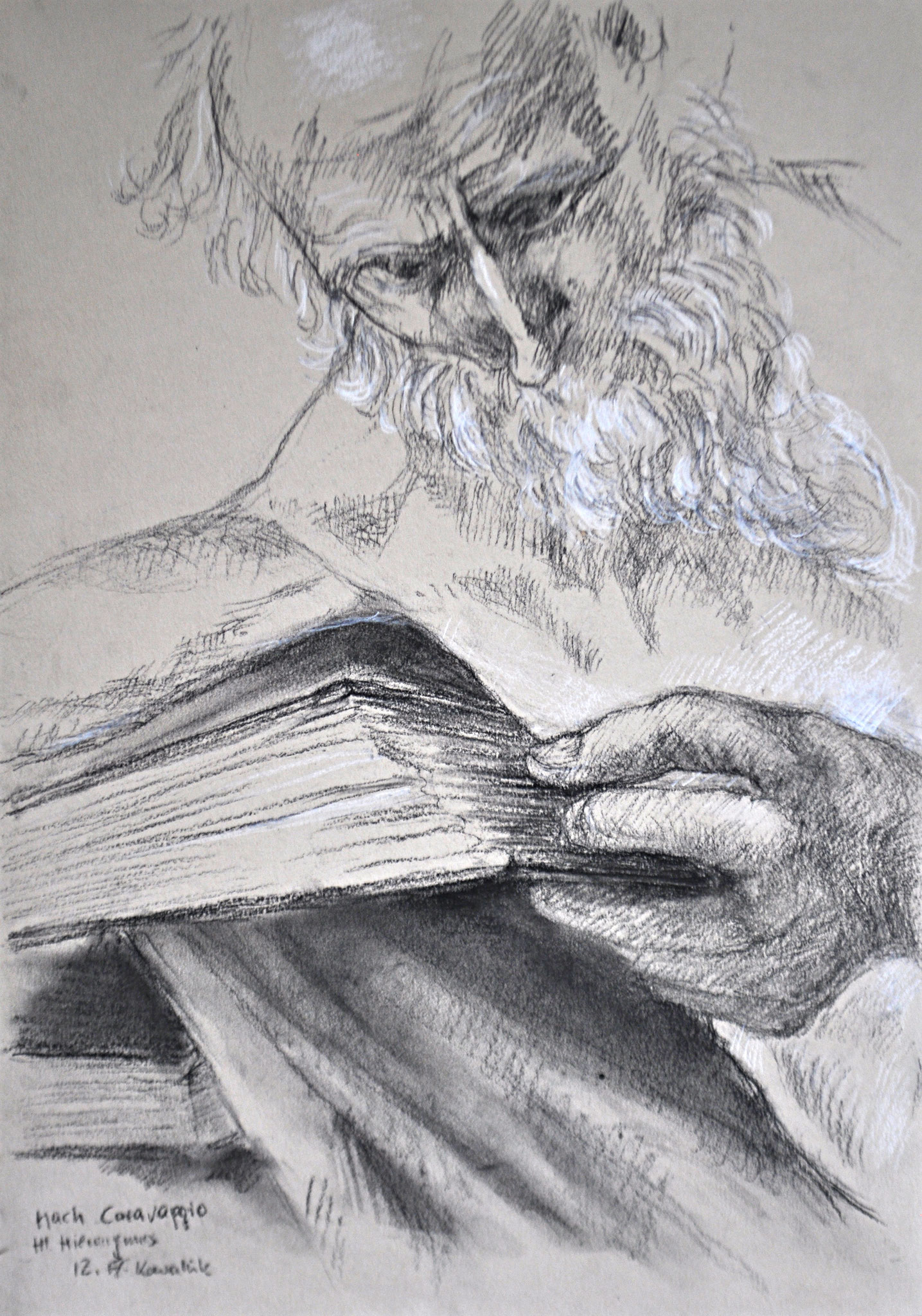 Ausschnitt aus Hl. Hieronymus. Kohle mit weißer Kreide gehöht auf getöntem Papier, nach Bildvorlage, 2017. Format: 29,7 x 42 cm