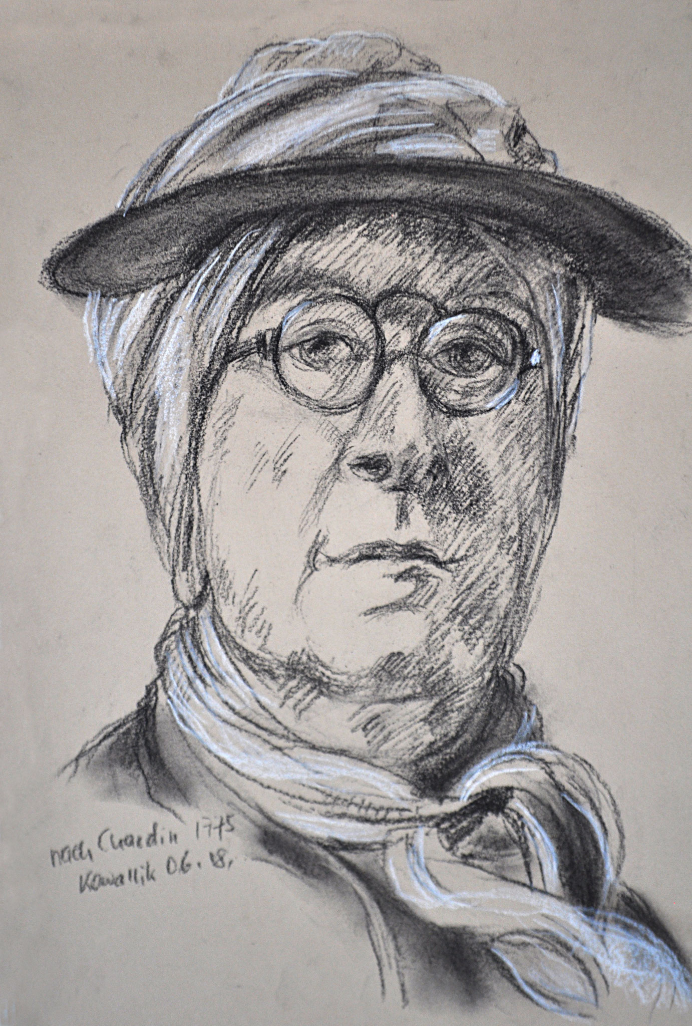 Selbstporträt von Chardin. Kohlezeichnung weiß gehöht auf getöntem Papier, nach Bildvorlage, 2017. Format: 21 x 29,7 cm