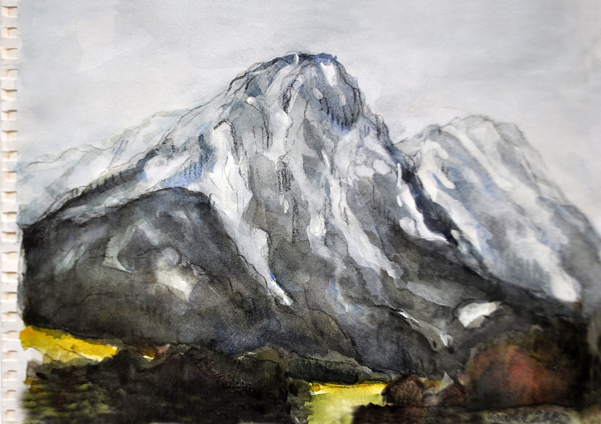 Sarstein. Steirisches Salzkammergut. Letzter Schnee. Skizze. Aquarell und Kohle auf Papier, 2012. Format: 24 x 18 cm