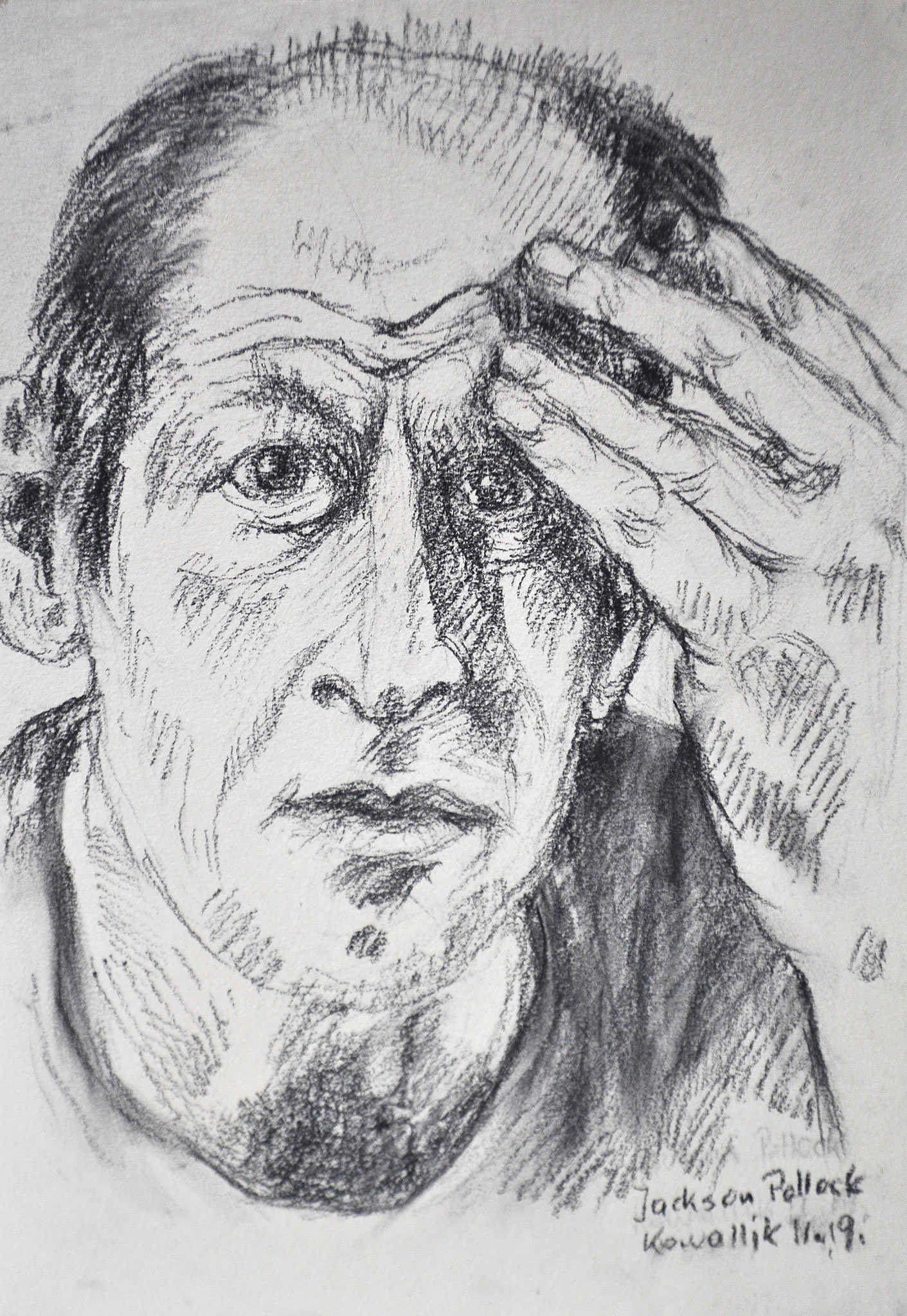Jackson Pollock. Kohlezeichnung auf getöntem Papier, nach einem Foto, 2019. Format: 21 x 29,7 cm