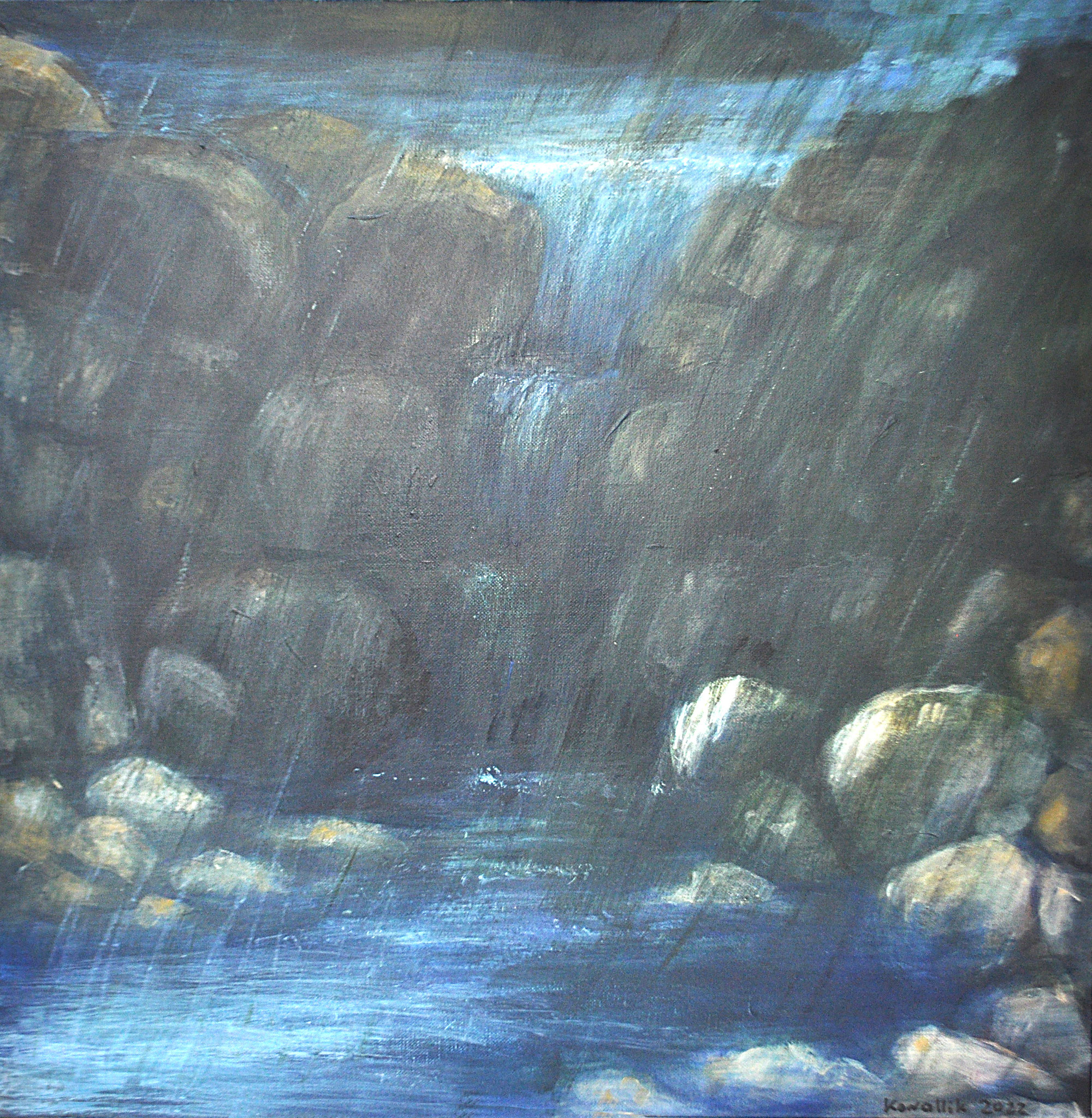 Bach im Regen. Acryl auf Leinen, 2022. Format: 50 x 50 cm