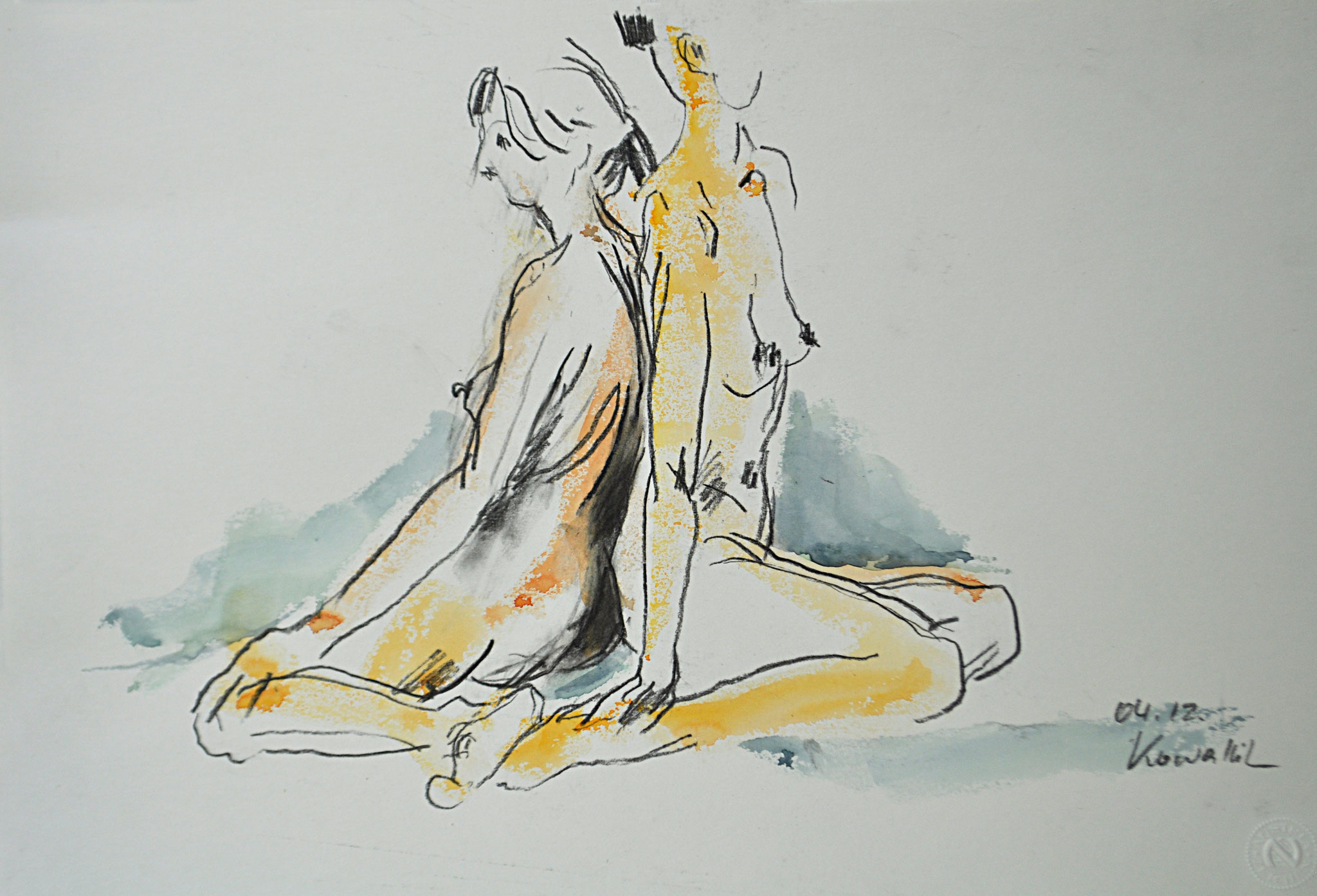 2 Mädchen sitzend. Kohlezeichnung und Aquarell auf Papier, 2012. Format: 40 x 27,5 cm