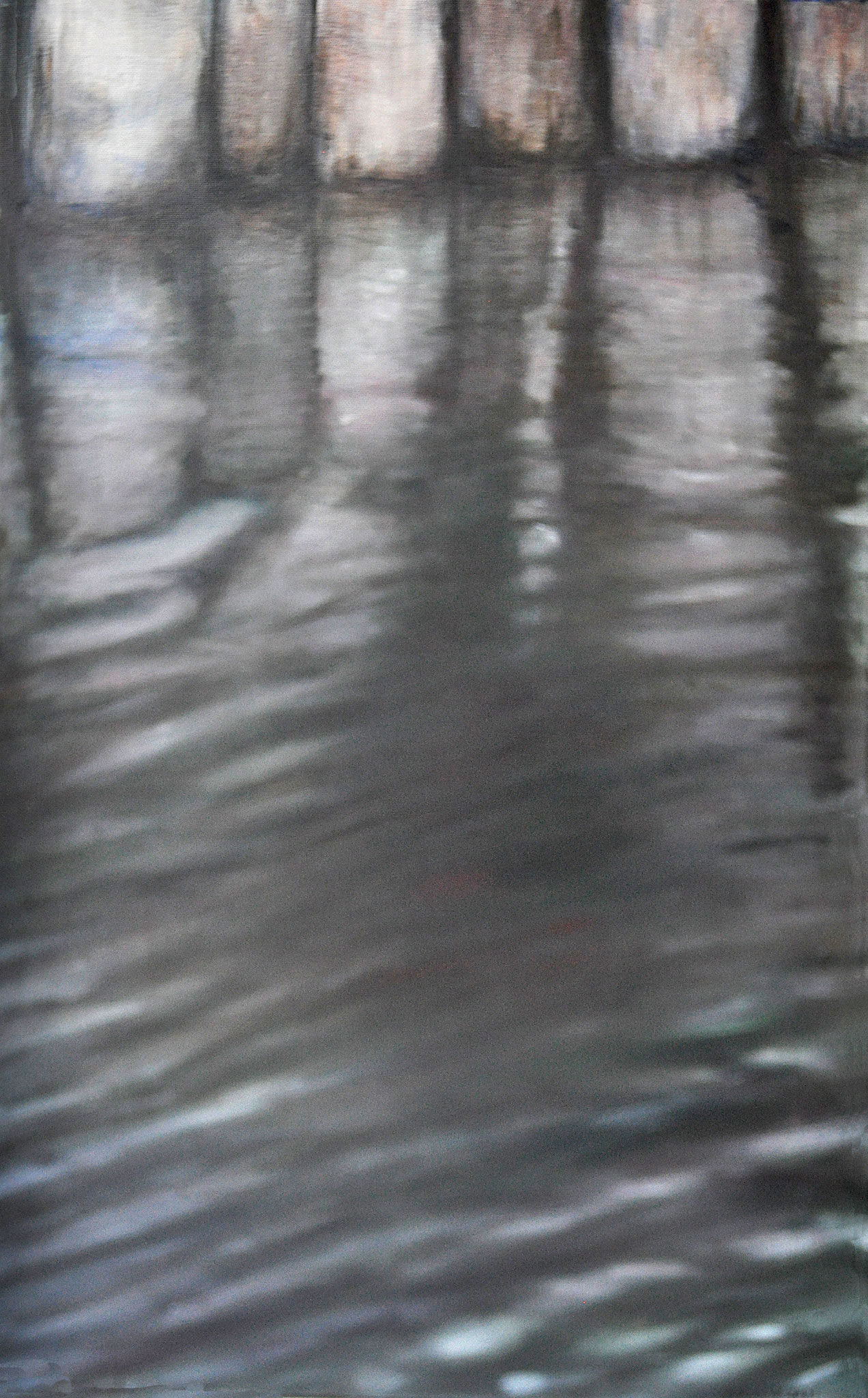 Steg. Pfosten sich im Wasser spiegelnd. Acryl auf Leinen, 2021/22. Format: 50 x 80 cm