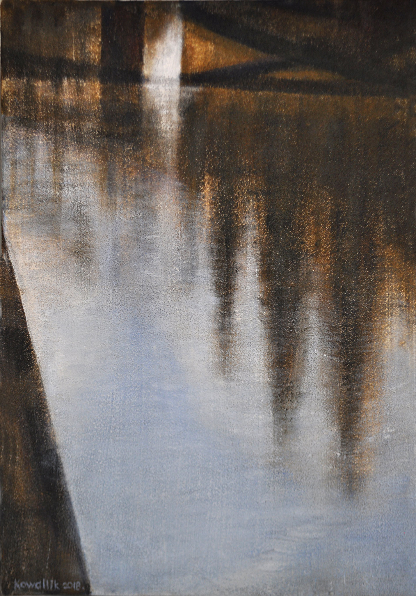 Donaukanal bei Einmündung des Wienflusses. Spiegelung. Mischtechnik. Quarzsand und Acryl auf Leinen, 2018. Format: 24 x 30 cm