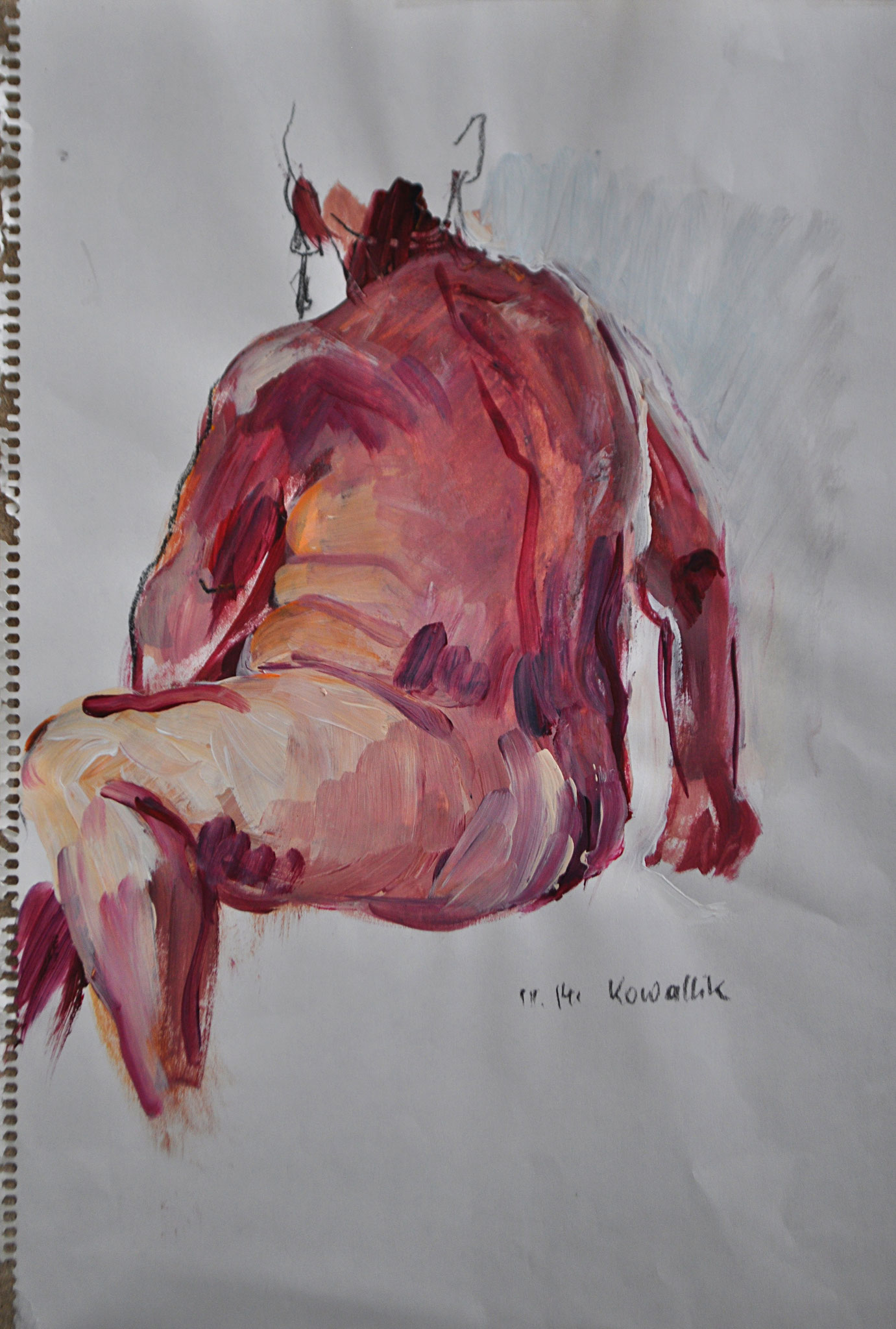 Akt sitzend. Rückenansicht. Acryl und Kohle auf Skizzenpapier, 2014. Format: 30 x 42 cm
