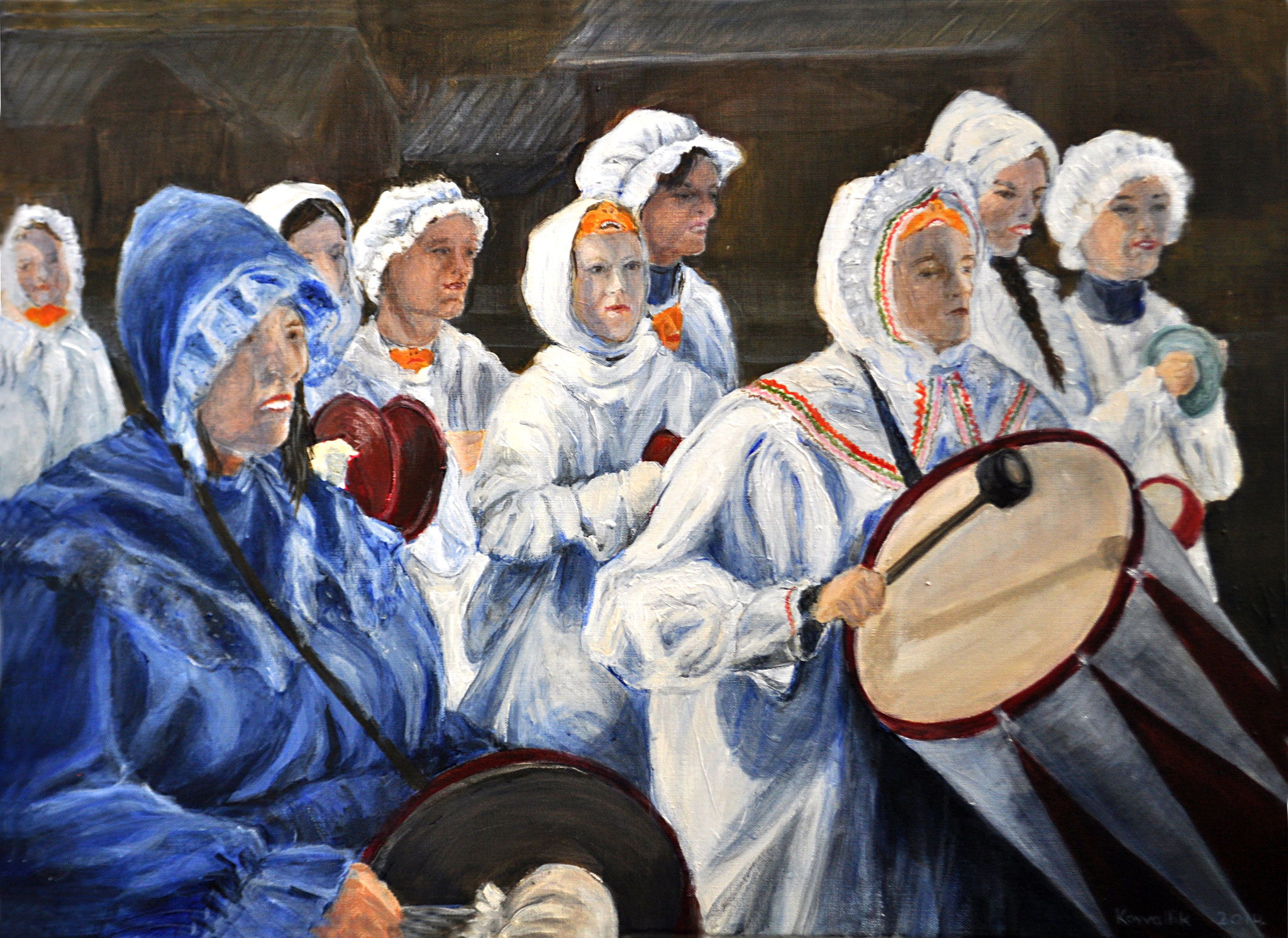 Die Trommelweiber von Altaussee. Acryl auf Leinen, 2014. Format: 70 x 50 cm