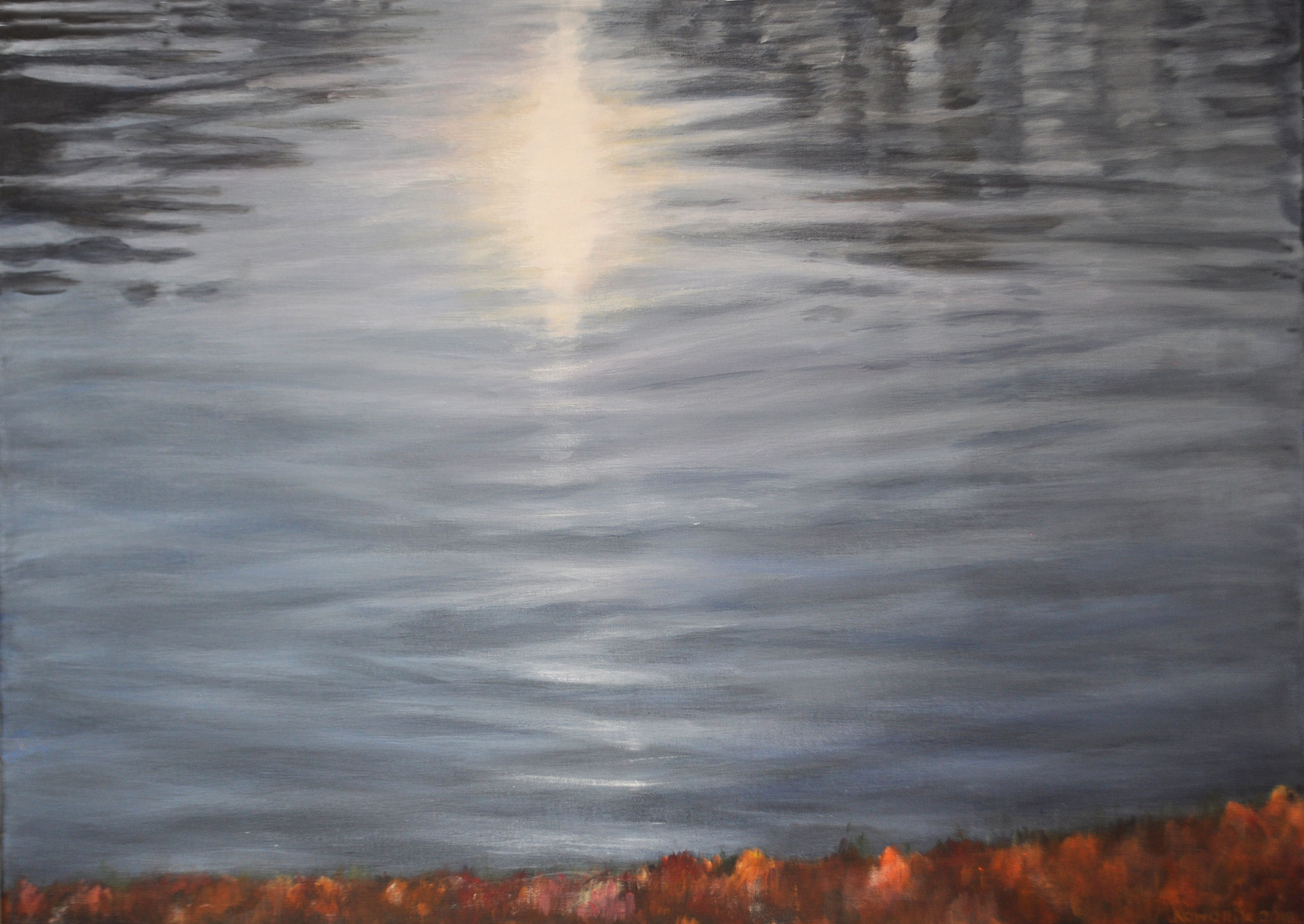 Sonnenspiegelung im Teich von Laxenburg. Acryl auf Leinen, 2018. Format: 70 x 50 cm