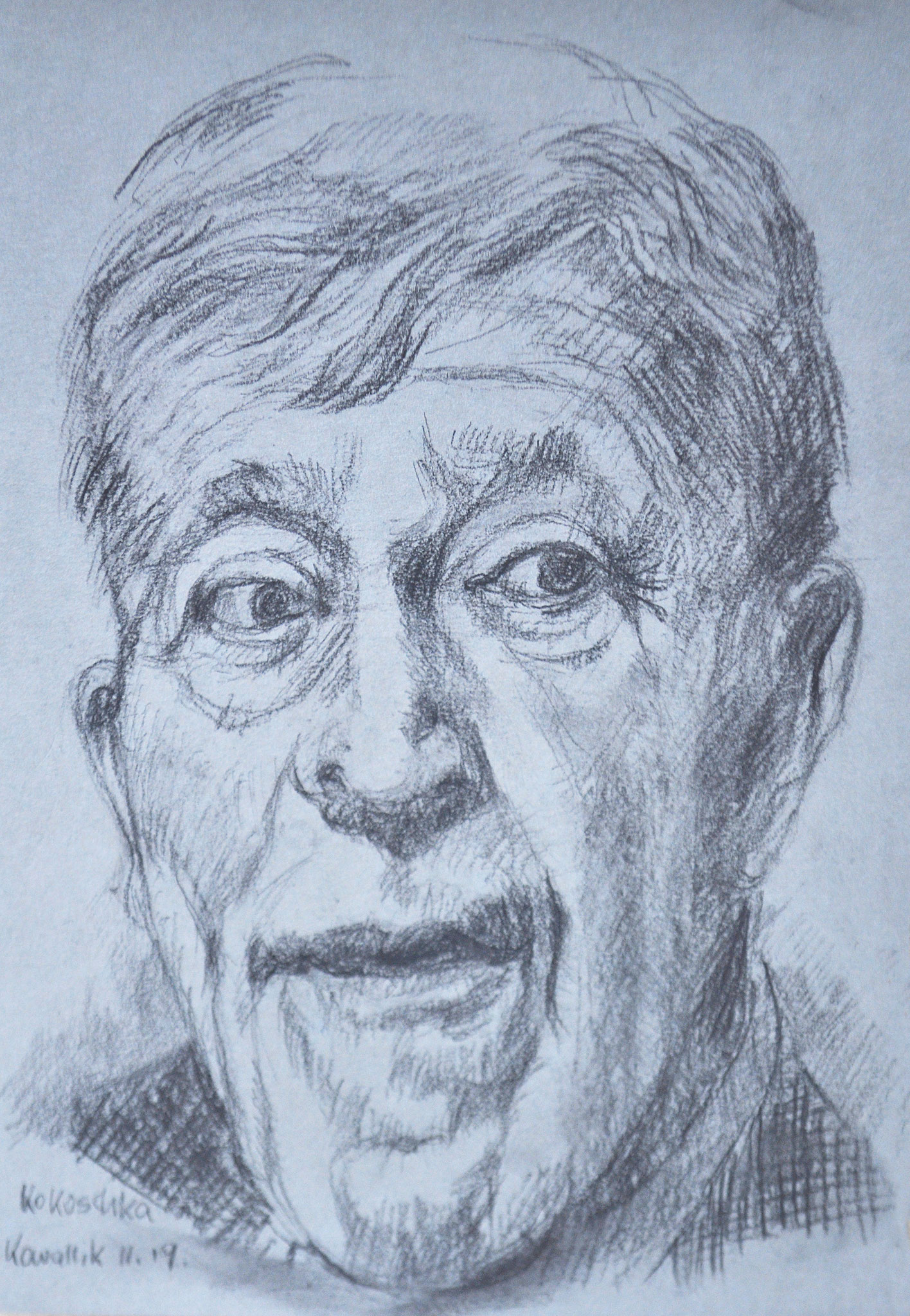 Oskar Kokoschka. Kohlezeichnung auf getöntem Papier, nach einem Foto, 2019. Format: 21 x 29,7 cm