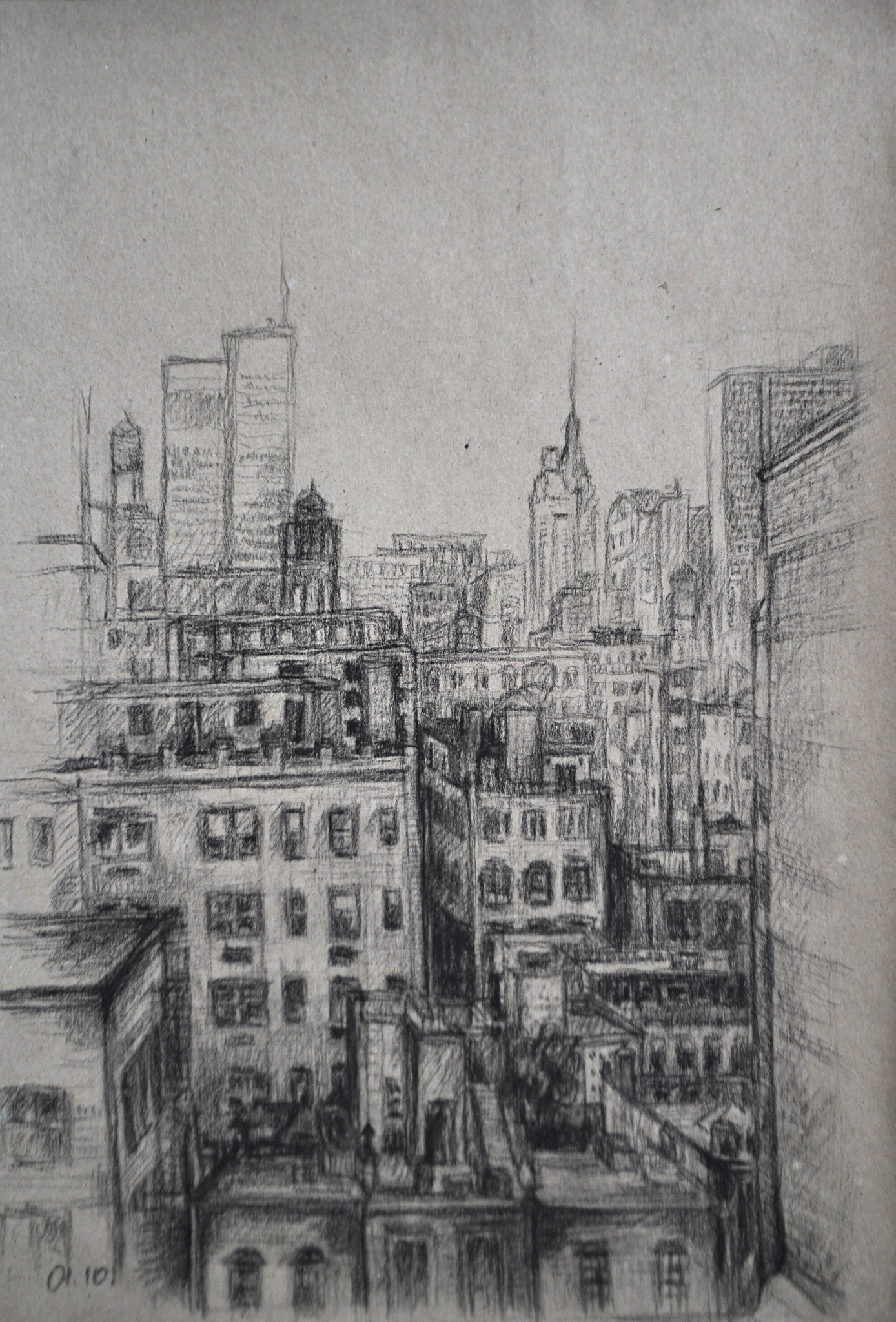 New York, Manhattan. Blick von der 84th Street Down Town. Kohle auf Packpapier, 2010. 42 x 29,5 cm