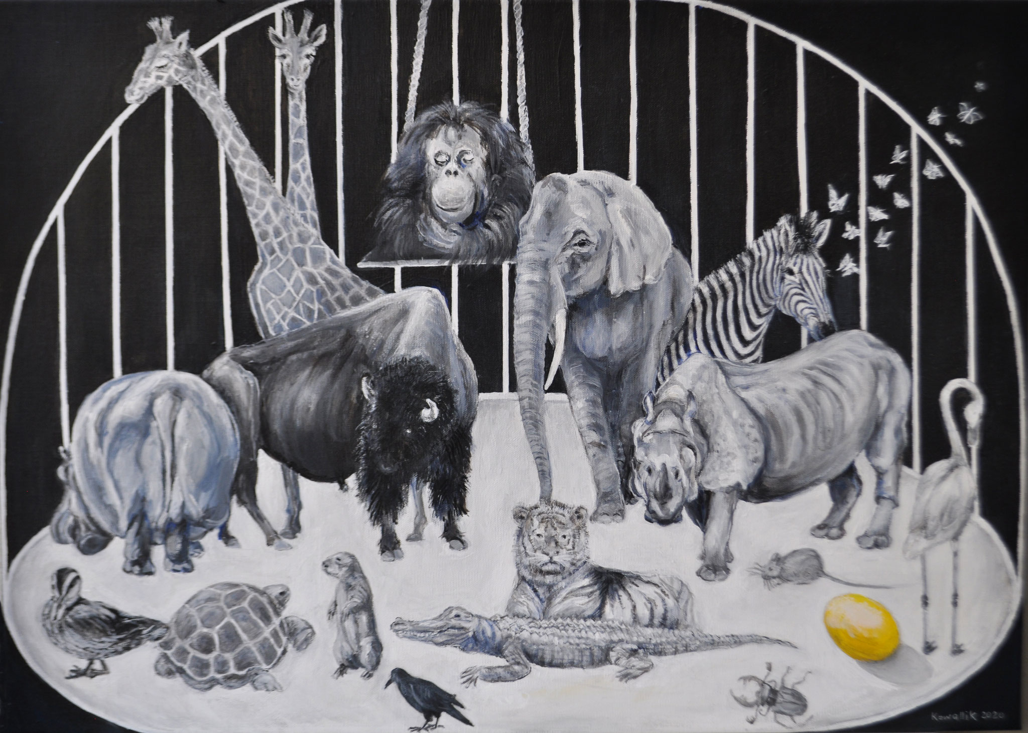 Das goldene Ei 2. Grisaille-Acryl auf Leinen, 2020. Format: 70 x 50 cm