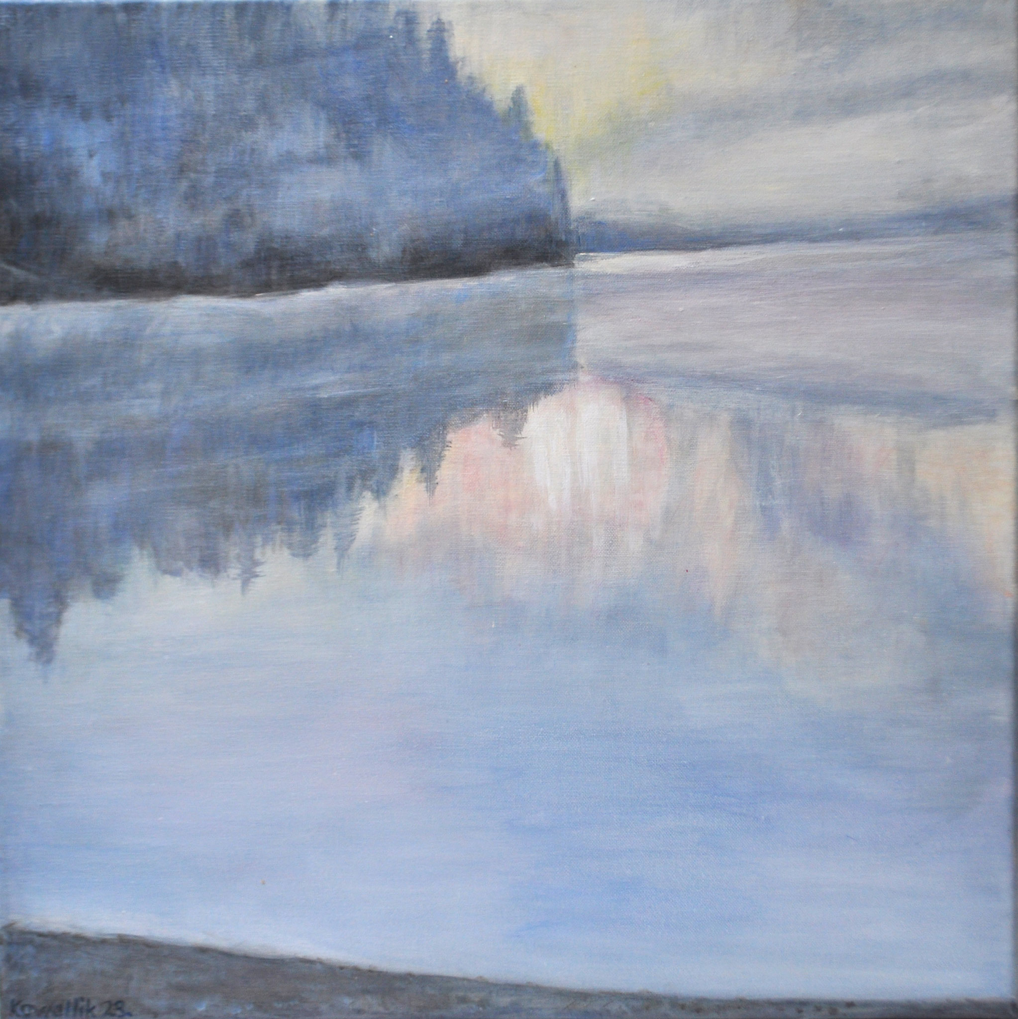 Morgen am Offensee. Acryl auf Leinen, 2023. Format: 50 x 50 cm 