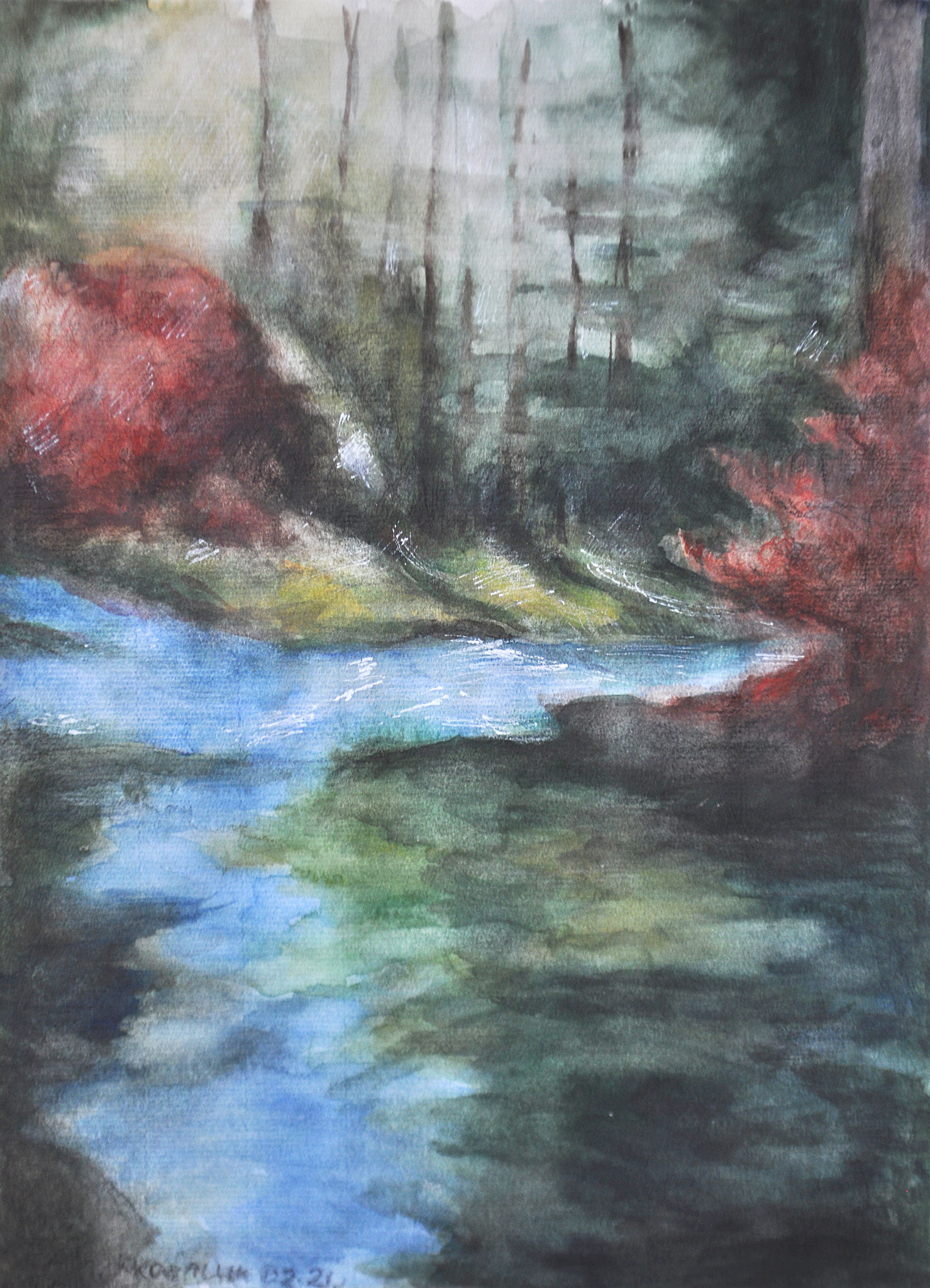 Zufluss zum Ödensee. Mischtechnik (Aquarell, Kreide) auf Japan, 2021. Format: 22 x 31 cm