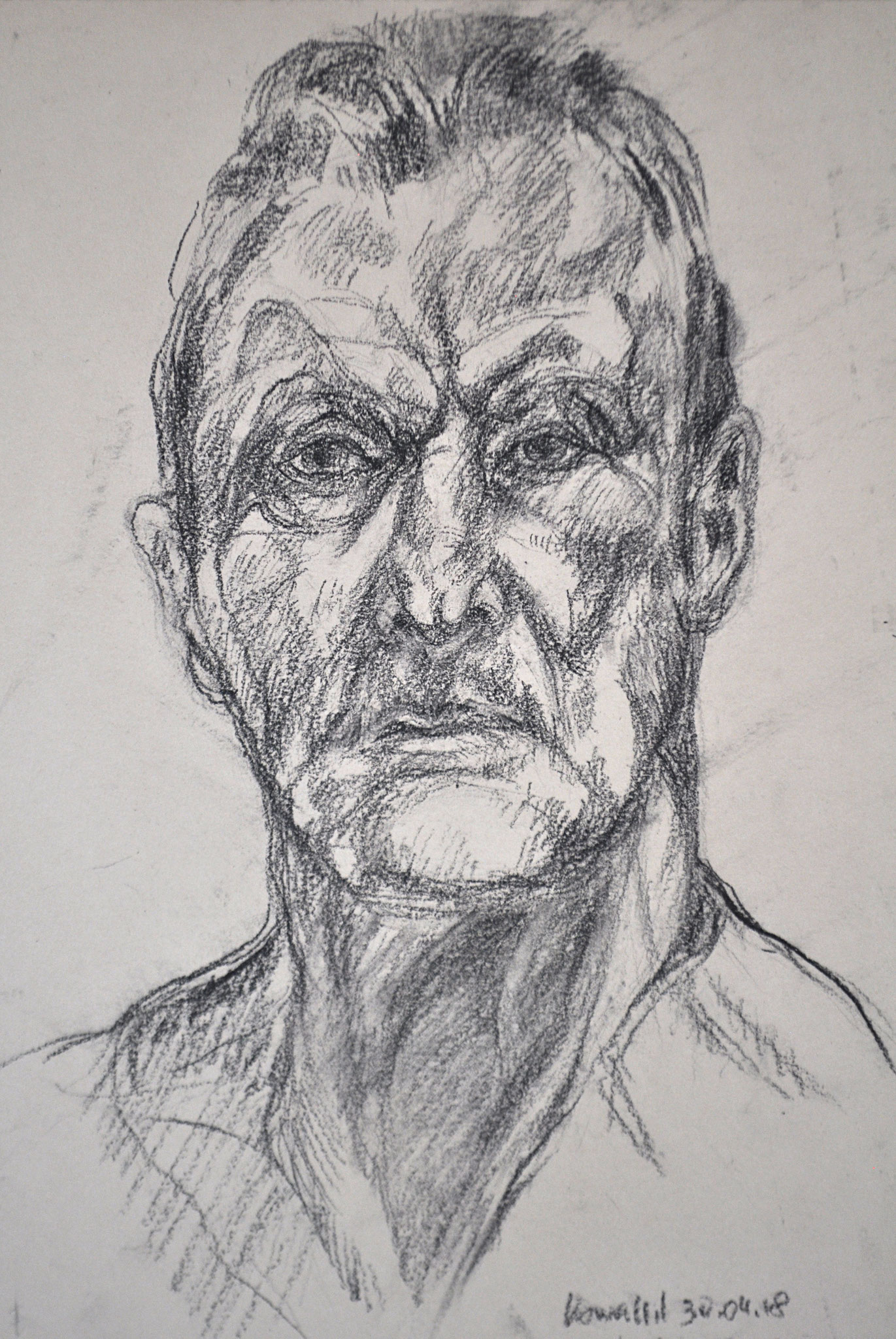 Selbstporträt Lucian Freud. Kohlezeichnung auf getöntem Papier, nach Bildvorlage, 2018. Format: 21 x 29,7 cm