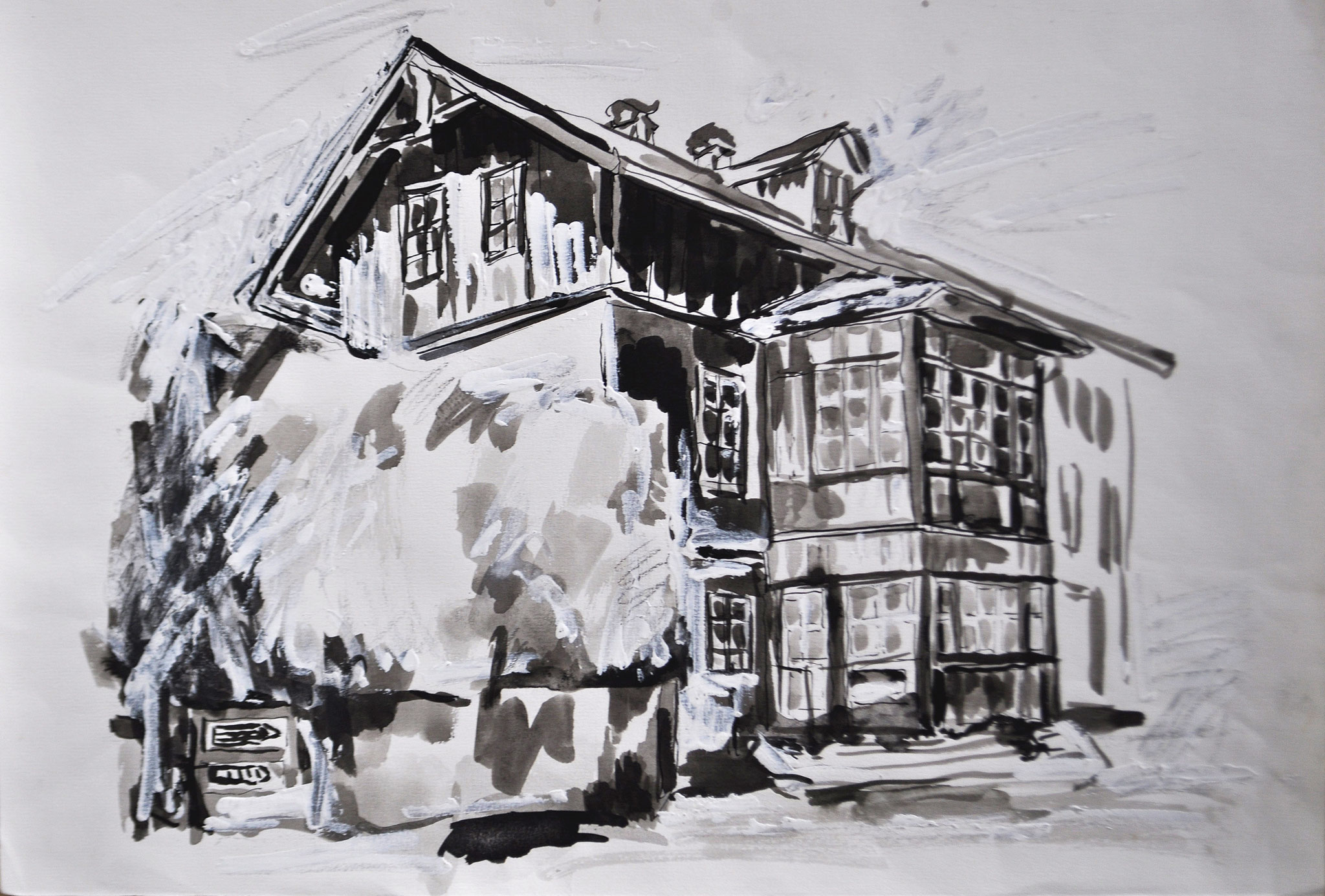 Haus in Altaussee. Sepia, Tusche, Pinsel Feder, Deckweiß auf Zeichenkarton, 2012. Format: 42 x 30 cm