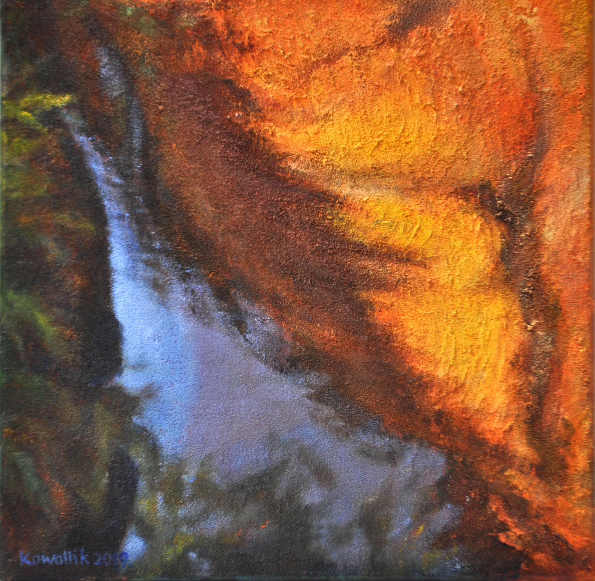 Bach im nördlichen Waldviertel. Mischtechnik. Quarzsand, Kaffee und Acryl auf Leinen, 2019. Format: 40 x 40 cm