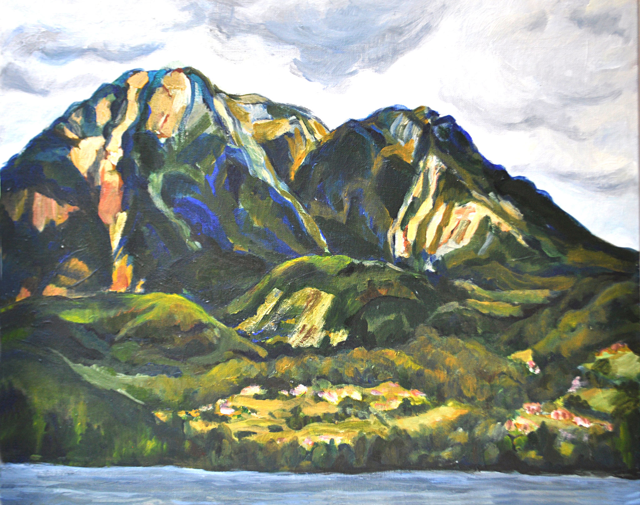 Sarstein vom Altausseer See aus. Steirisches Salzkammergut. Acryl auf Malplatte, 2011. Format: 60 x 50 cm