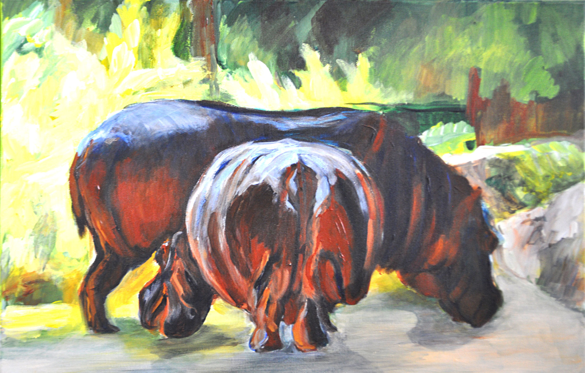 Nilpferde. Tiergarten Schönbrunn. Acryl auf Leinen, 2013. Format: 70 x 50 cm