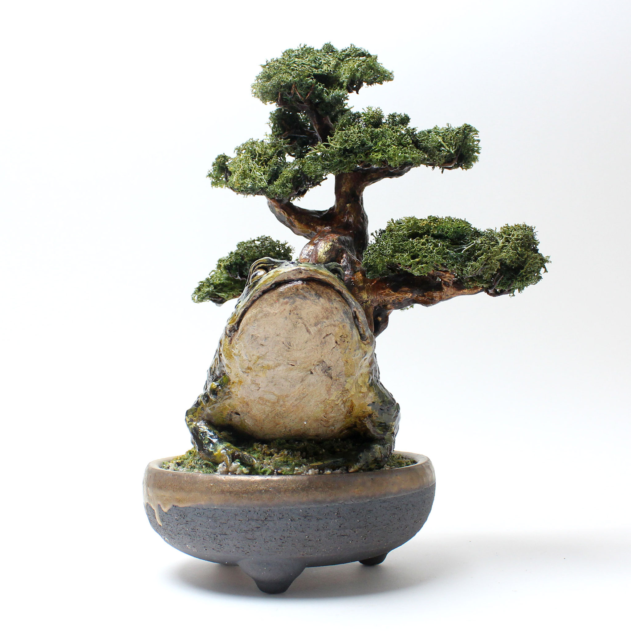美品【正志作】カエル付きナマズ 蟹雲脚ミニ盆栽鉢 美品【正志作