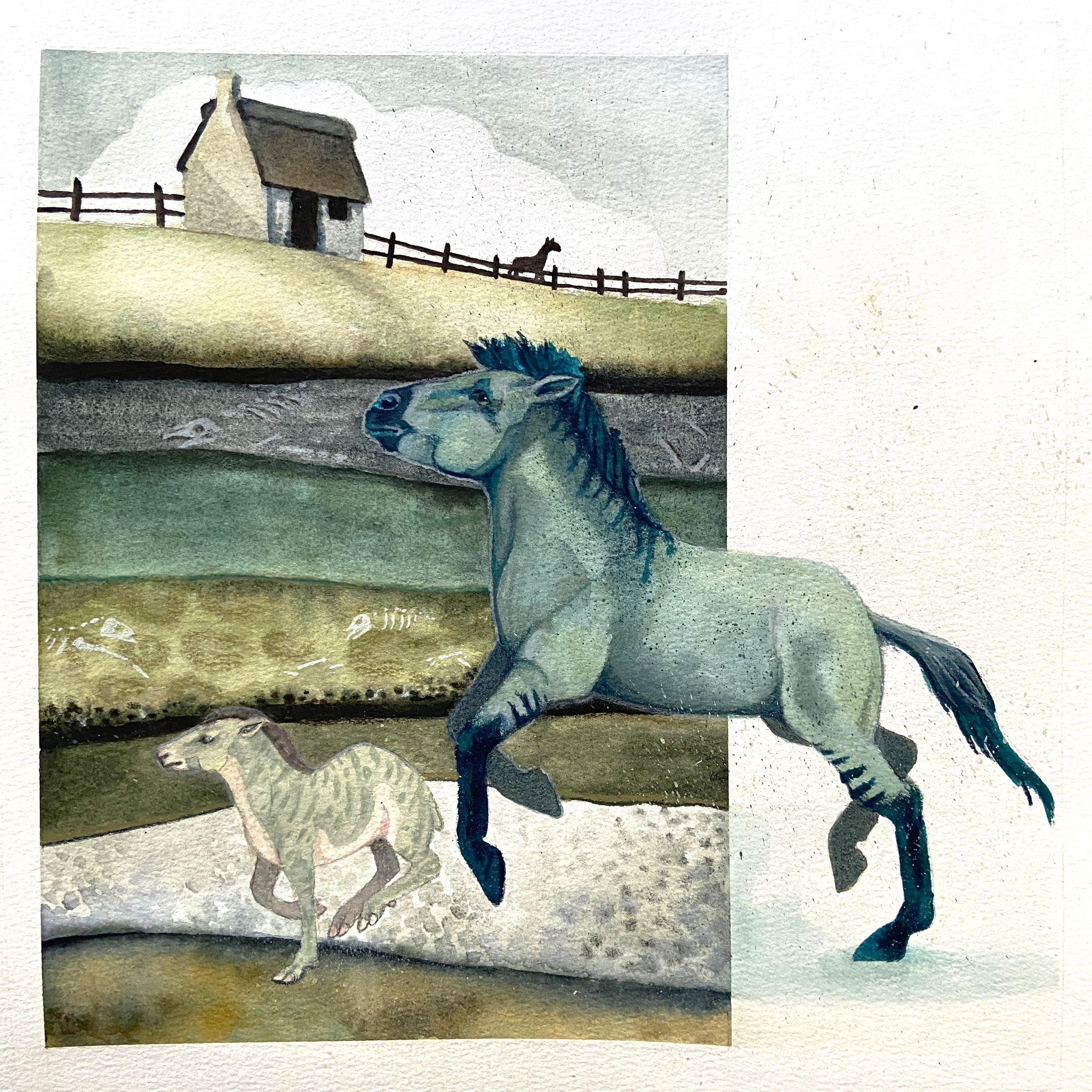 Eohippus and Pliohippus ancient horses, book illustration