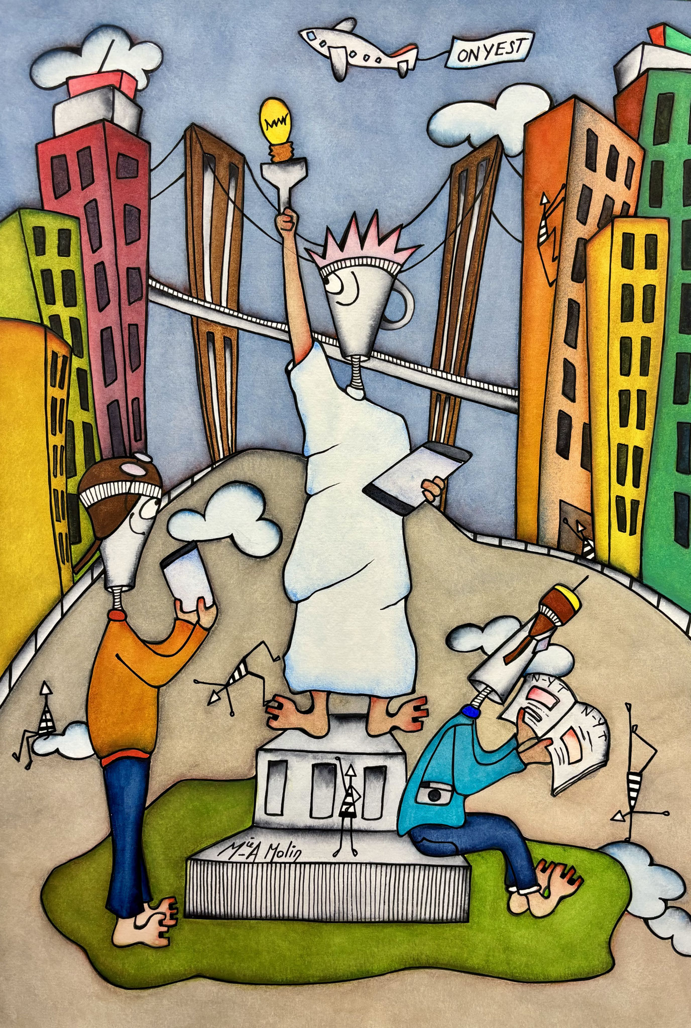 "Free style and co" - Aquarelle et marqueur acrylique(uniquement pour le dessin en noir) - Format 60X40 cm