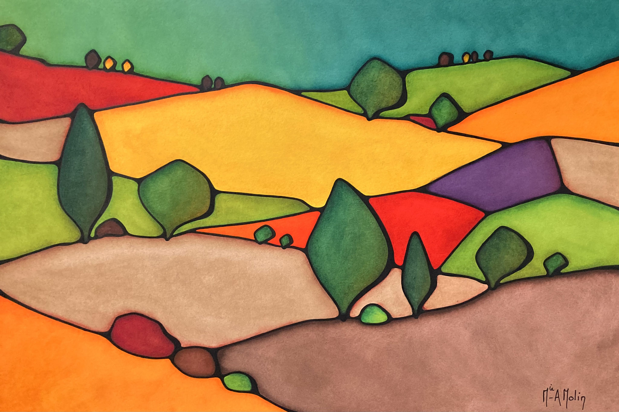 "Tranquillité" - Aquarelle et marqueur acrylique (uniquement pour ce qui est en noir) - Format 40X60 cm