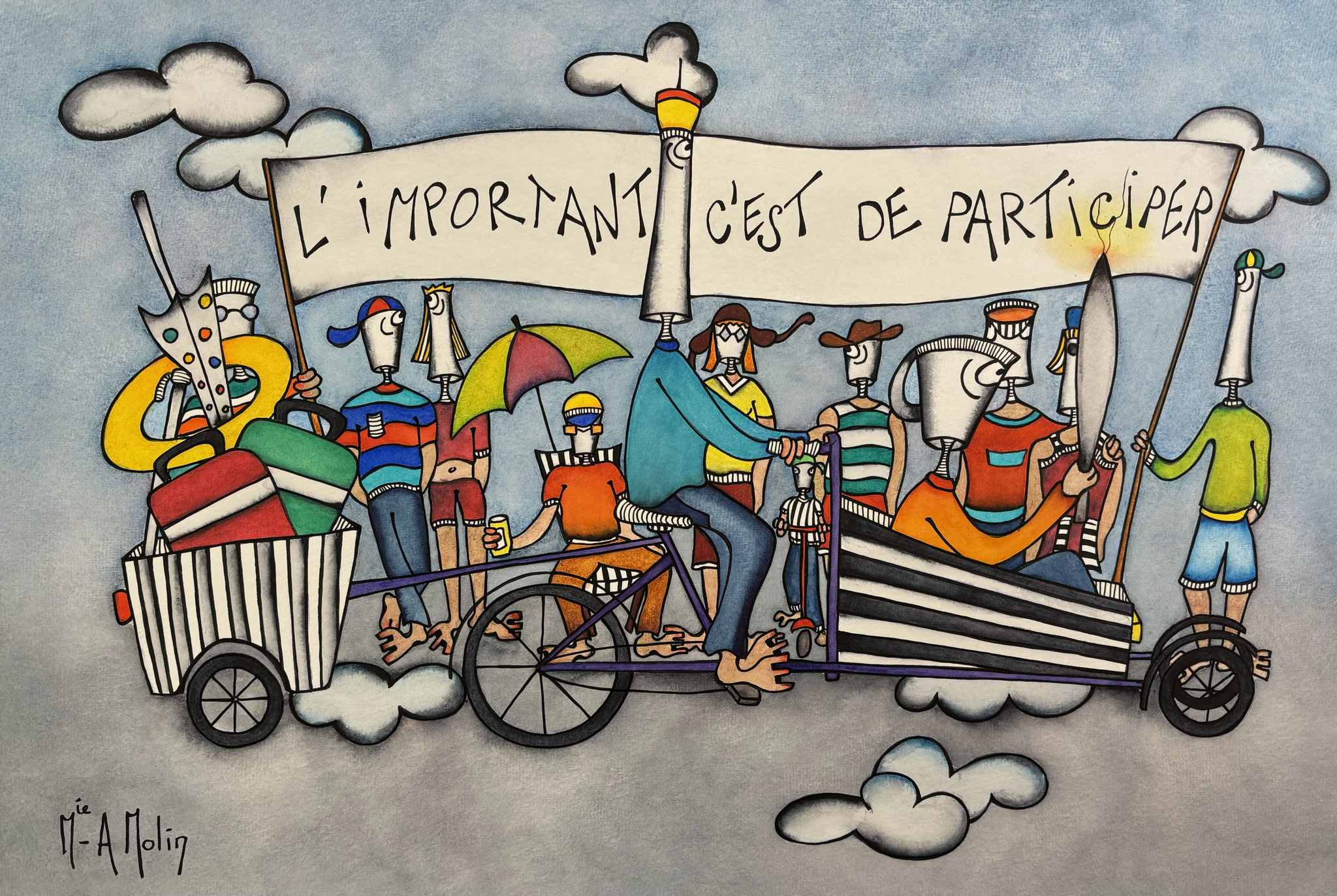 "L'important c'est de participer" - Aquarelle et marqueur acrylique(uniquement pour le dessin en noir) - Format 40X60 cm