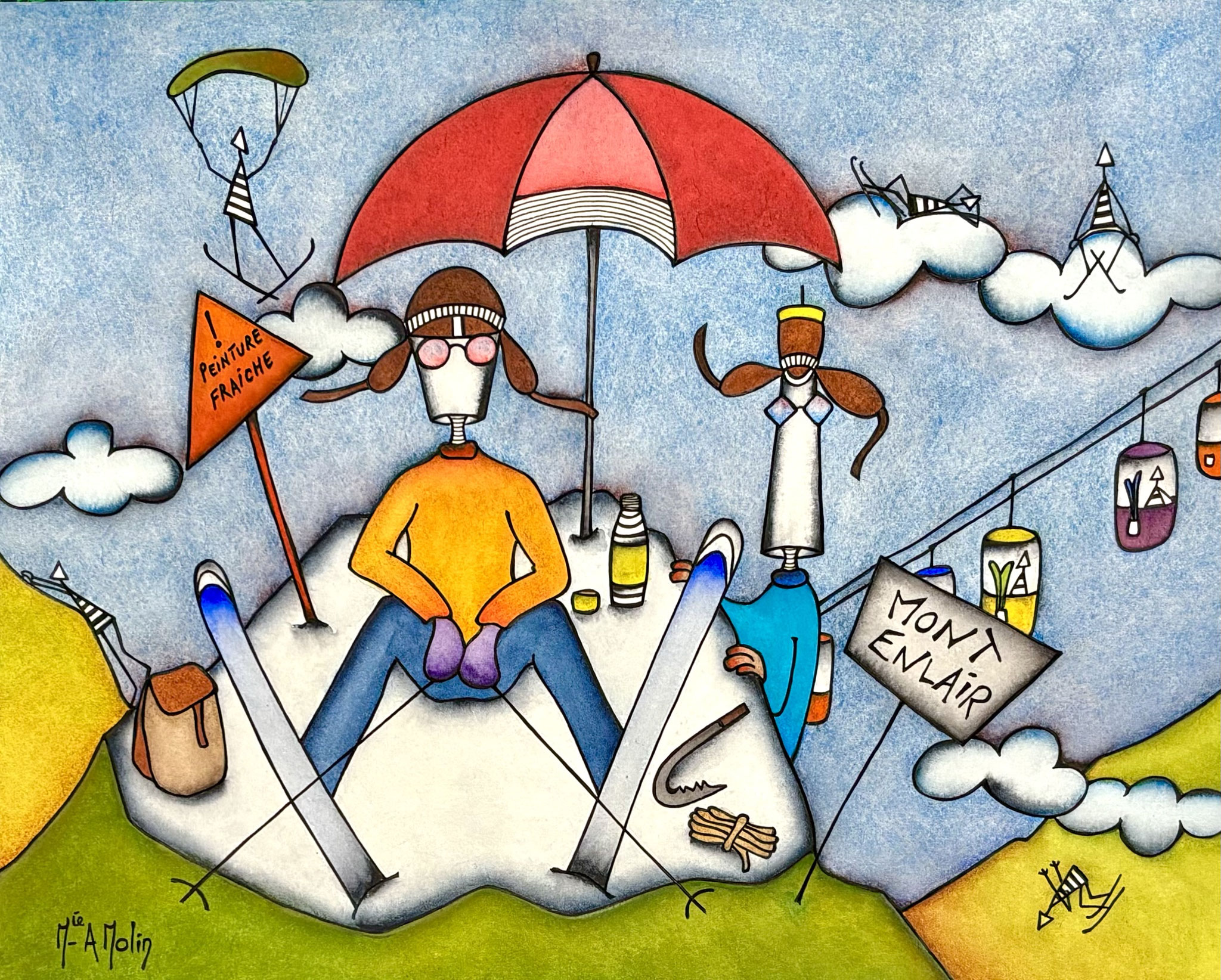 "Mont'Enlair" - Aquarelle et marqueur acrylique(uniquement pour le dessin en noir) - Format 40X50 cm