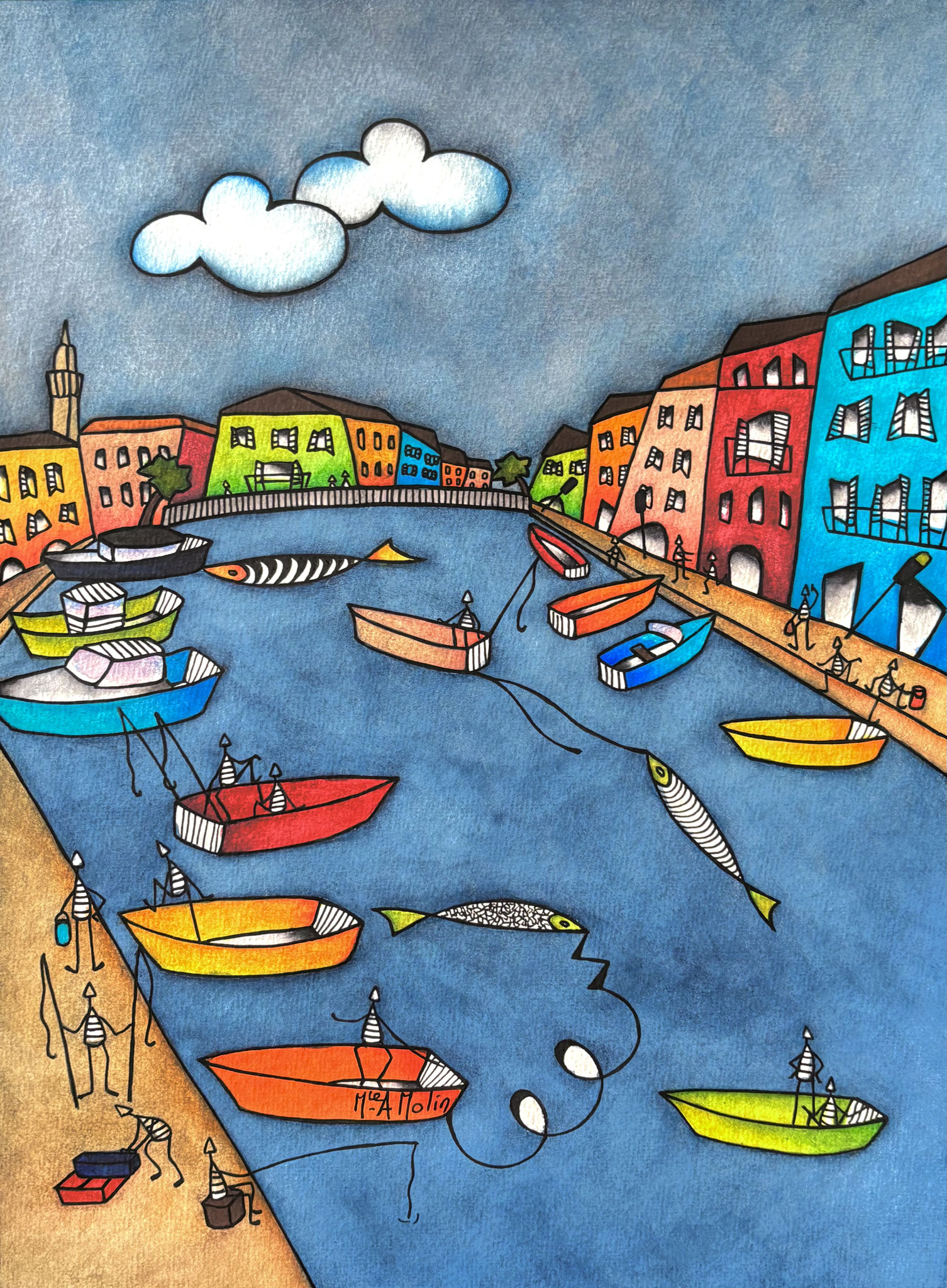 "Je t'attends sur le quai" - Aquarelle et marqueur acrylique (uniquement pour ce qui est en noir) - Format 30x40 cm
