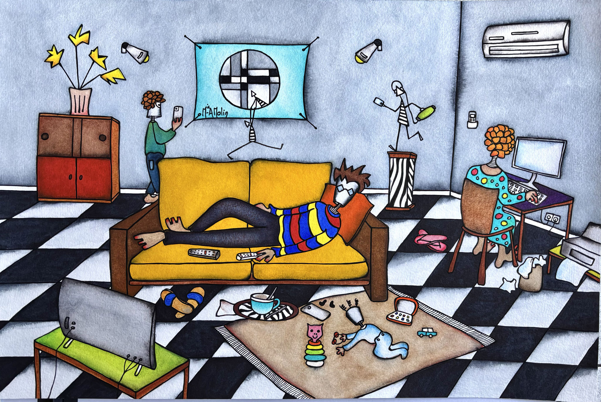 "Télé...Travail" - Aquarelle et marqueur acrylique(uniquement pour le dessin en noir) - Format 40X60 cm
