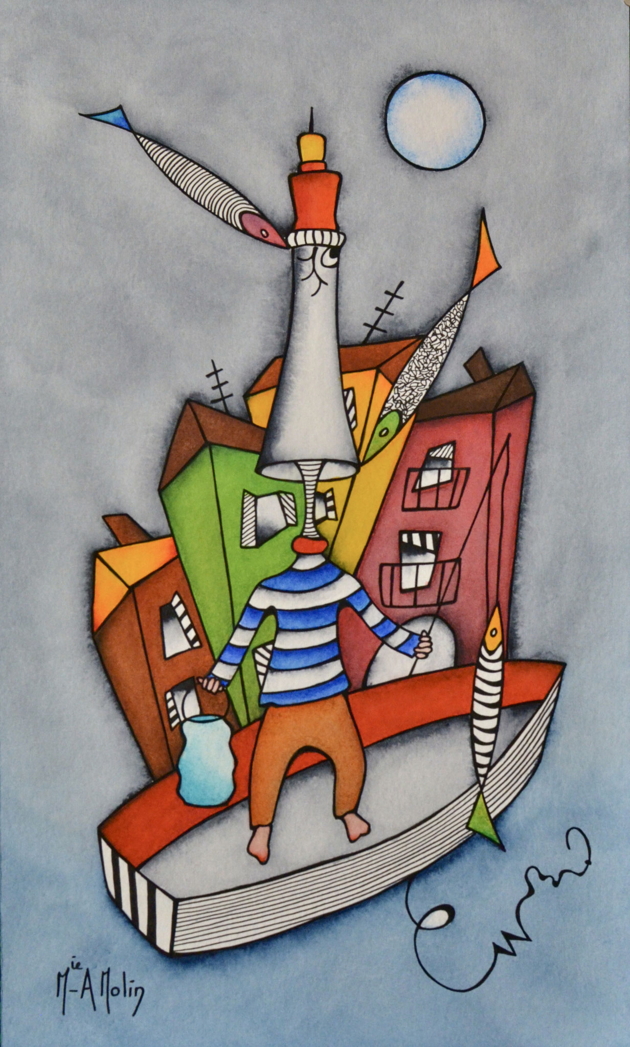 "Bonne prise" - Aquarelle et marqueur acrylique (uniquement pour ce qui est en noir) - Format 50X30 cm