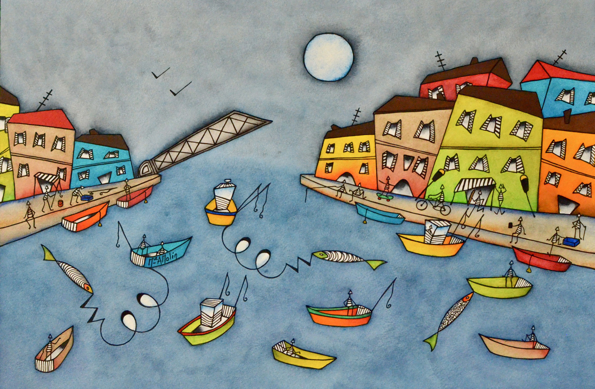 "L'évasion" - Aquarelle et marqueur acrylique (uniquement pour ce qui est en noir) - Format 60X40 cm