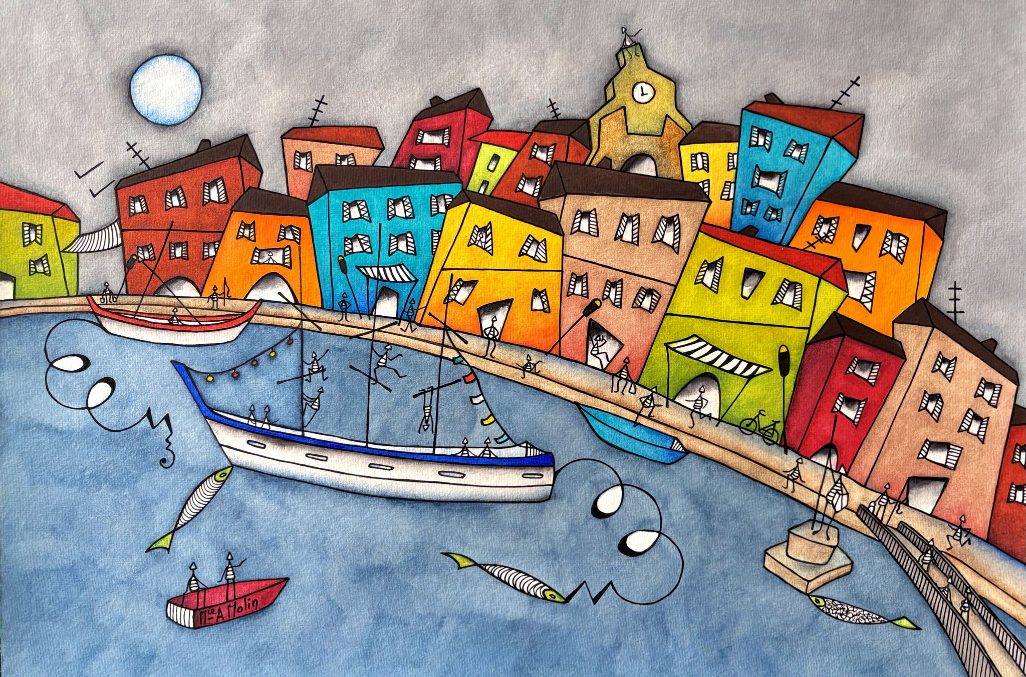 "Chouette escale" - Aquarelle et marqueur acrylique (uniquement pour ce qui est en noir) - Format 40x60 cm